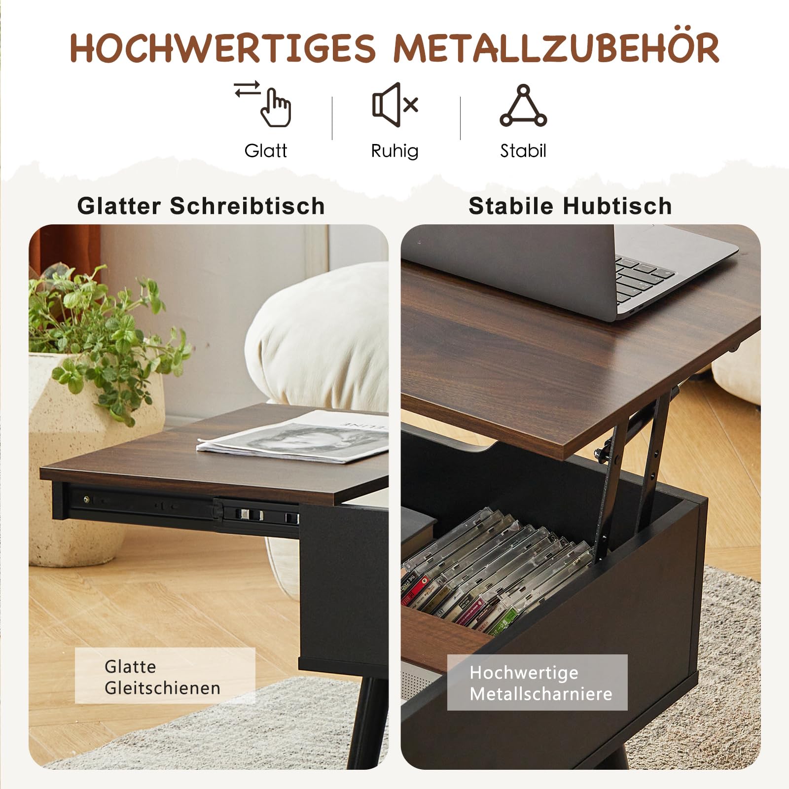 Couchtisch Höhenverstellbar mit Schiebeplatte, Couchtisch mit Stauraum, Modern Wohnzimmertisch mit 2 Großen Versteckten Ablagefächern, 100 x 50 x 43.5 cm (Braun)