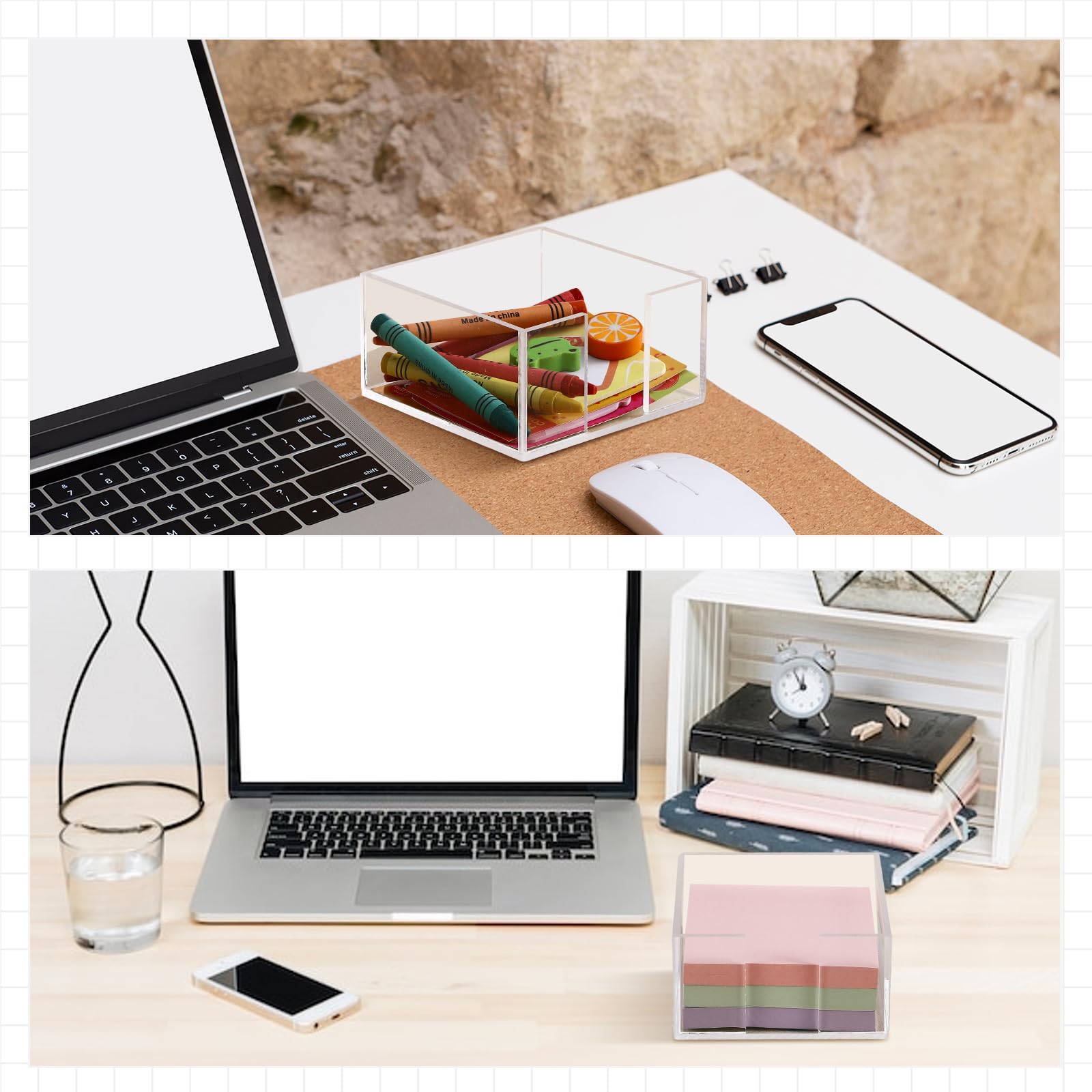 Threehoney 4 porta note adesive in acrilico 3 x 3 cm, dispenser per appunti in acrilico trasparente, porta appunti, organizer da scrivania, accessori adesivi per dormitorio, ufficio, scrivania