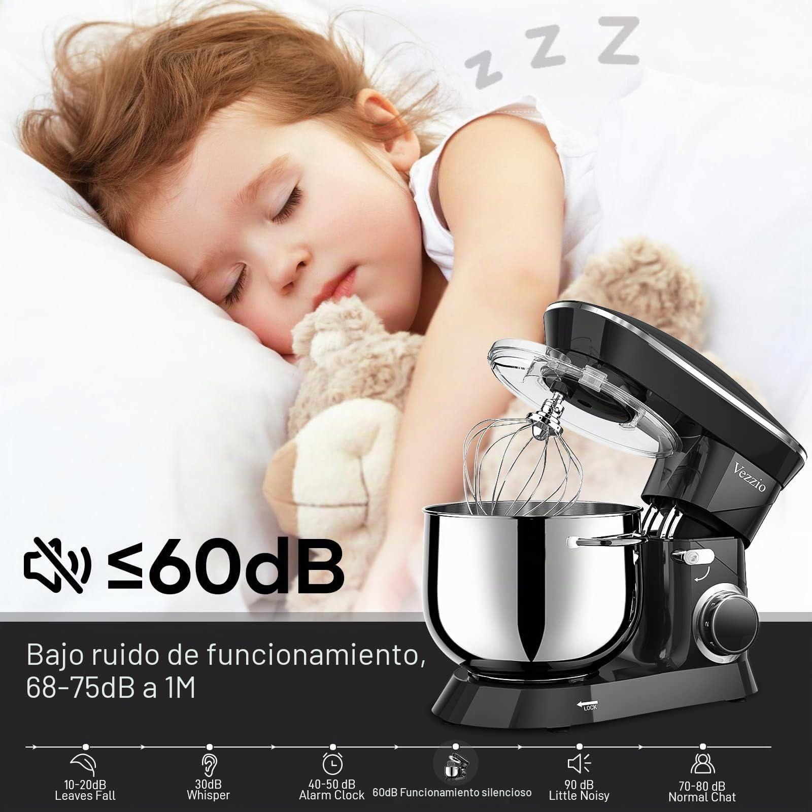 Batidora Amasadora Vezzio 8.5L Repostería Profesional 1500 W 6 Velocidades Robot de Cocina Batidora Multifunción Bajo Ruido Bol de Acero Inoxidabl, Amasador, Batidor y Varillas (Black)