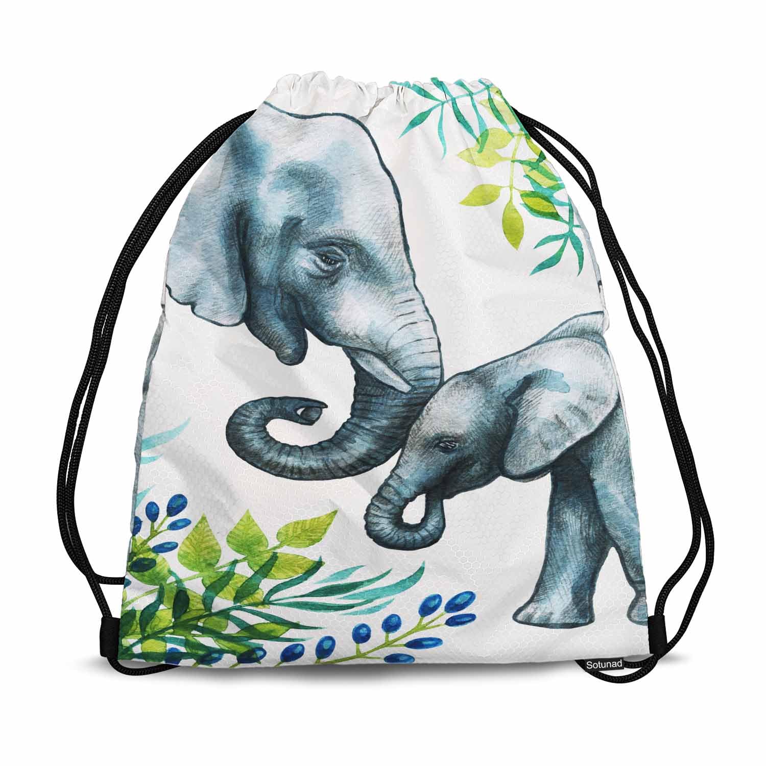 Sotunad Elephants Drawstring Bags Sports Bag Two Elephants Of Mother and with Branch Draw String Back Bag Men Women Adults 14x16.9 Inch