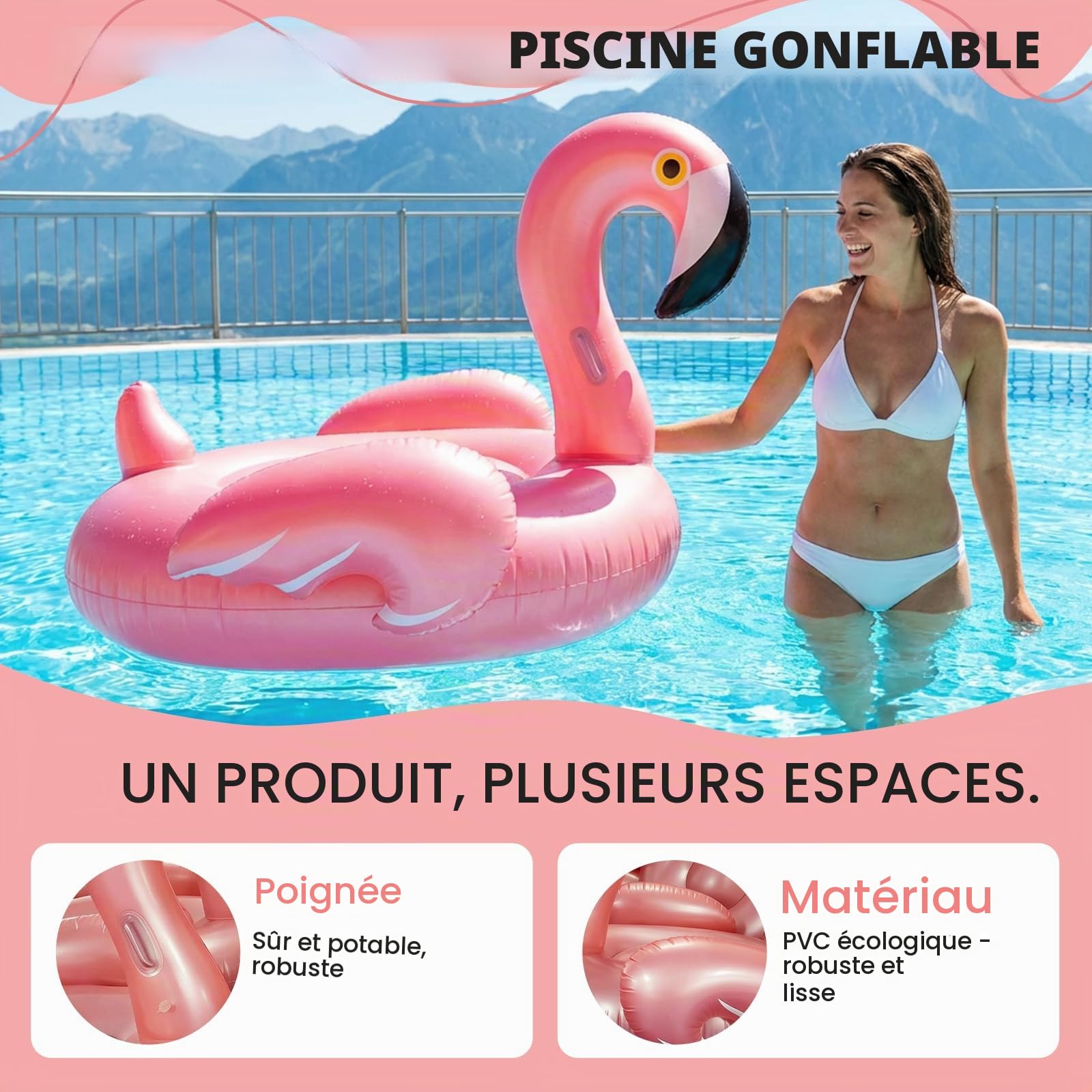 Flotteur de Piscine en Forme de Flamant pour Adultes, 110 × 93 cm Bouée de Natation Flamant Matelas Gonflable en PVC, Poids Maximal de 90 kg pour Estivaux, Rose