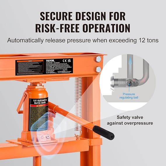 VEVOR Hydraulic Shop Press, 12 Ton/26000lbs, H-Frame, 4-Hold Adjustable Height, with Movable Plates, for Garage or Professional Users, Orange