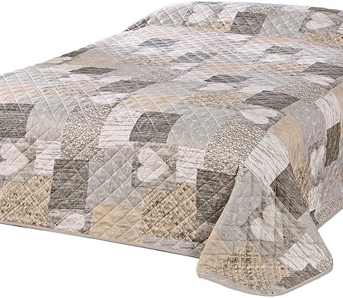Couvre-lit Coeur, Jeté de Lit, pour lit Double, Patchwork Marron,