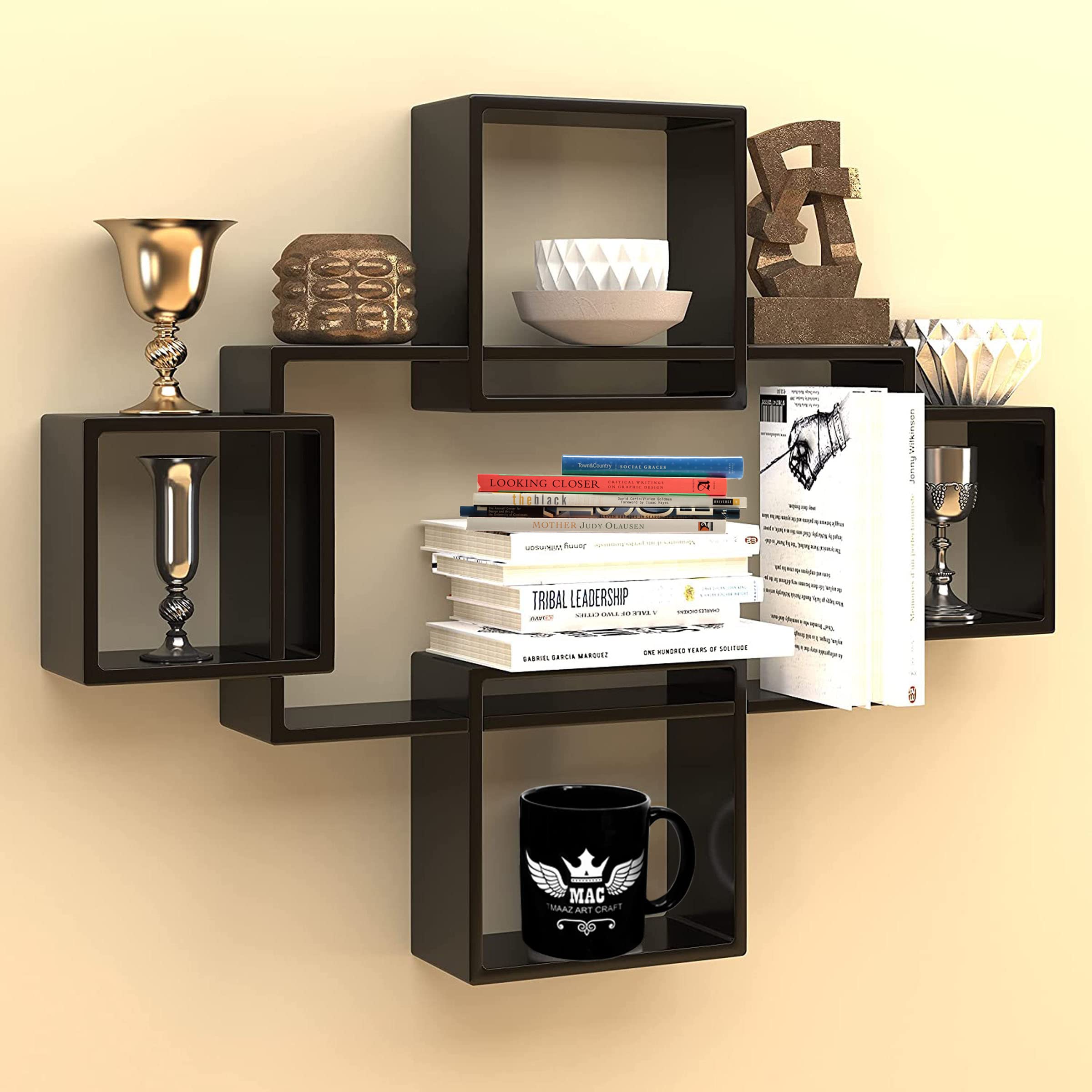 Maaz Art & Craft Exclusively Designed Engineered Wood Intersecting Decorative Living Room Wall Shelves (Set of 5) (Black)