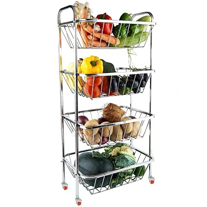 Airsteel Stainless Steel Fruit Vegetable Kitchen Trolley | Onion Potato Rack for Kitchen (4-Shelf)