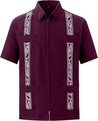 قمصان رجالي عادية Guayabera قصيرة الأكمام سحاب قمصان كوبية نمط المكسيك