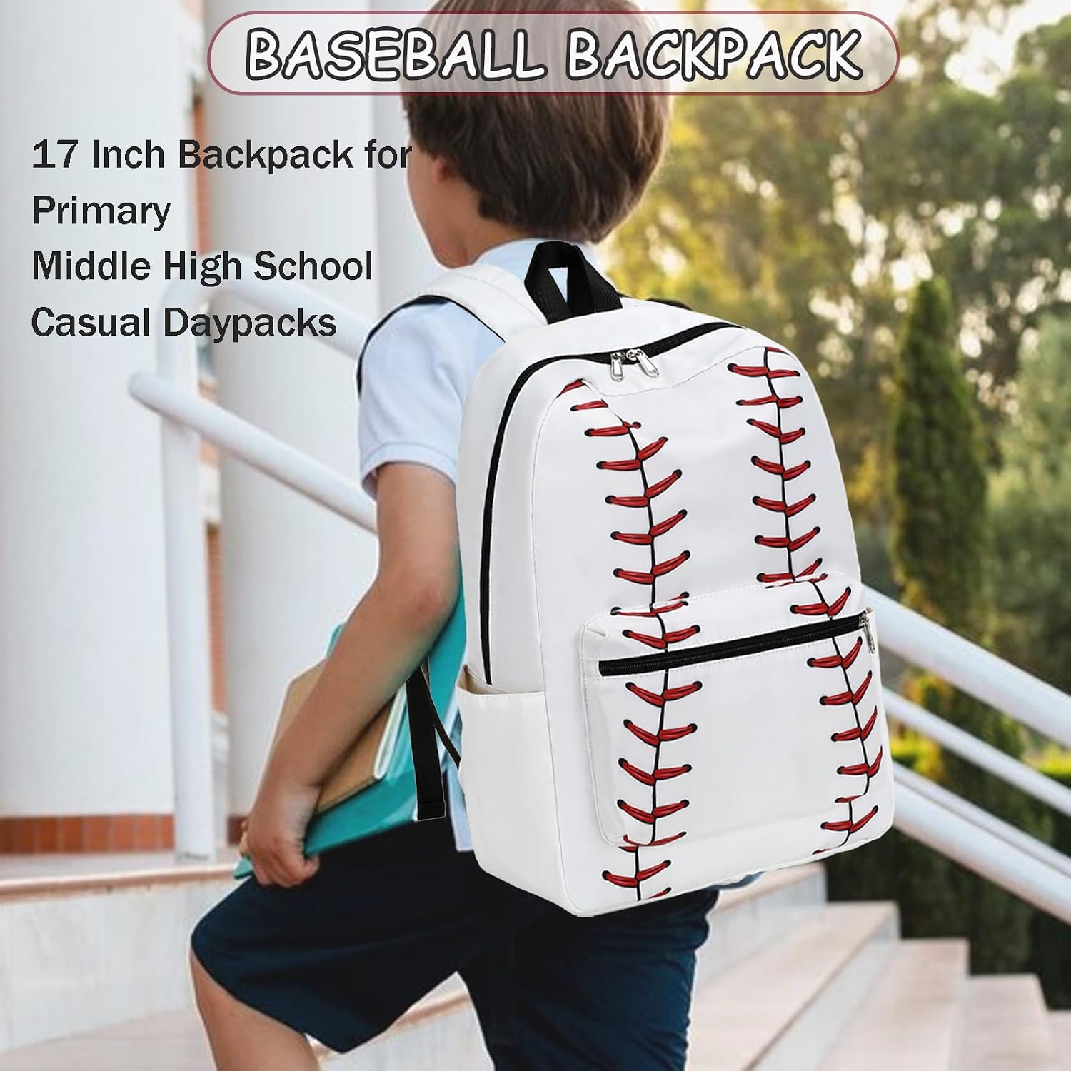 School Backpack for Boys Girls Baseball Bookbag with Lunch Box Set Kids Backpack Elementary Middle School 17 Inch Sports Backpack, Baseball-White