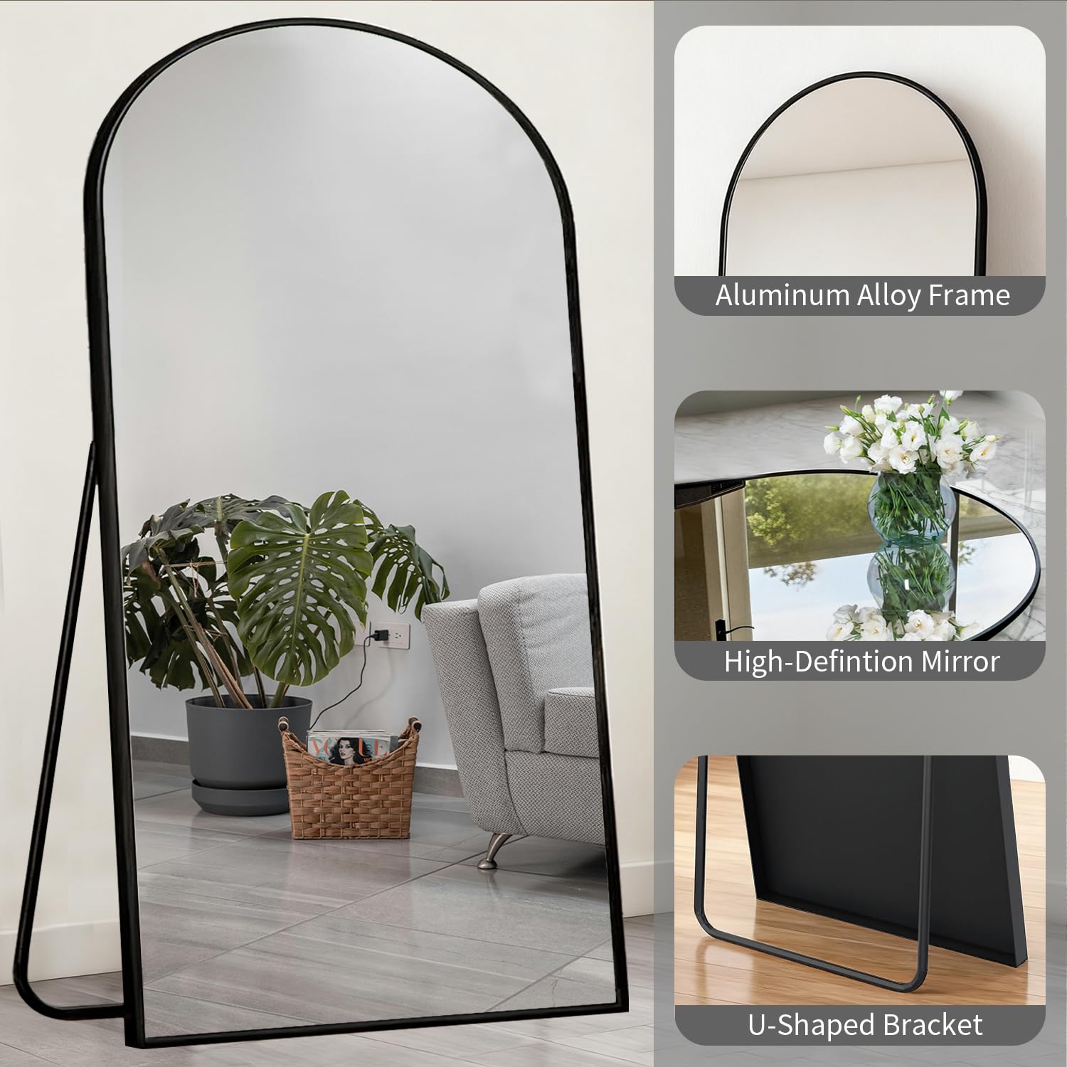 Ganzkörperspiegel, 218x102 cm Groß Bogen Standspiegel aus Gehärtete Glas, Hängend oder Lehnend Wandspiegel für Schlafzimmer, Wohnzimmer, Ankleidezimmer, Schwarz