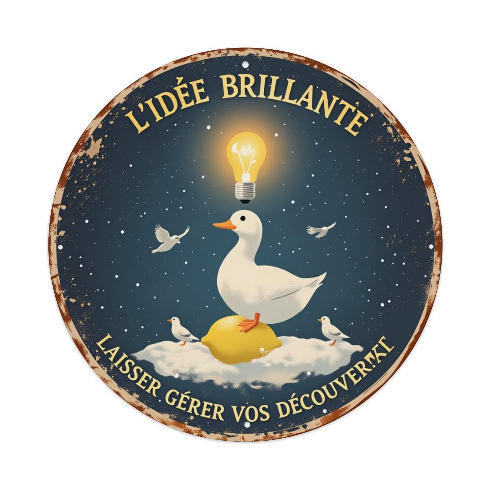 Duck Lightbulb Cloud Birds Night Sky Starry Background Round Vintage Tin Sign,Retro Wall Art,Metal Poster for Home, Bar, Garage, Cafe, Rustic Indoor & Outdoor Decor, 8x8 Inches