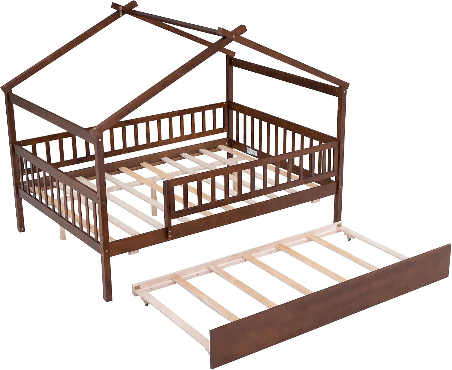 House Bed with Trundle and Fence, Full Size Montessori Style Beds with Railings, Wooden Playhouse Bed Frame for Kids Girls Boys, Walnut
