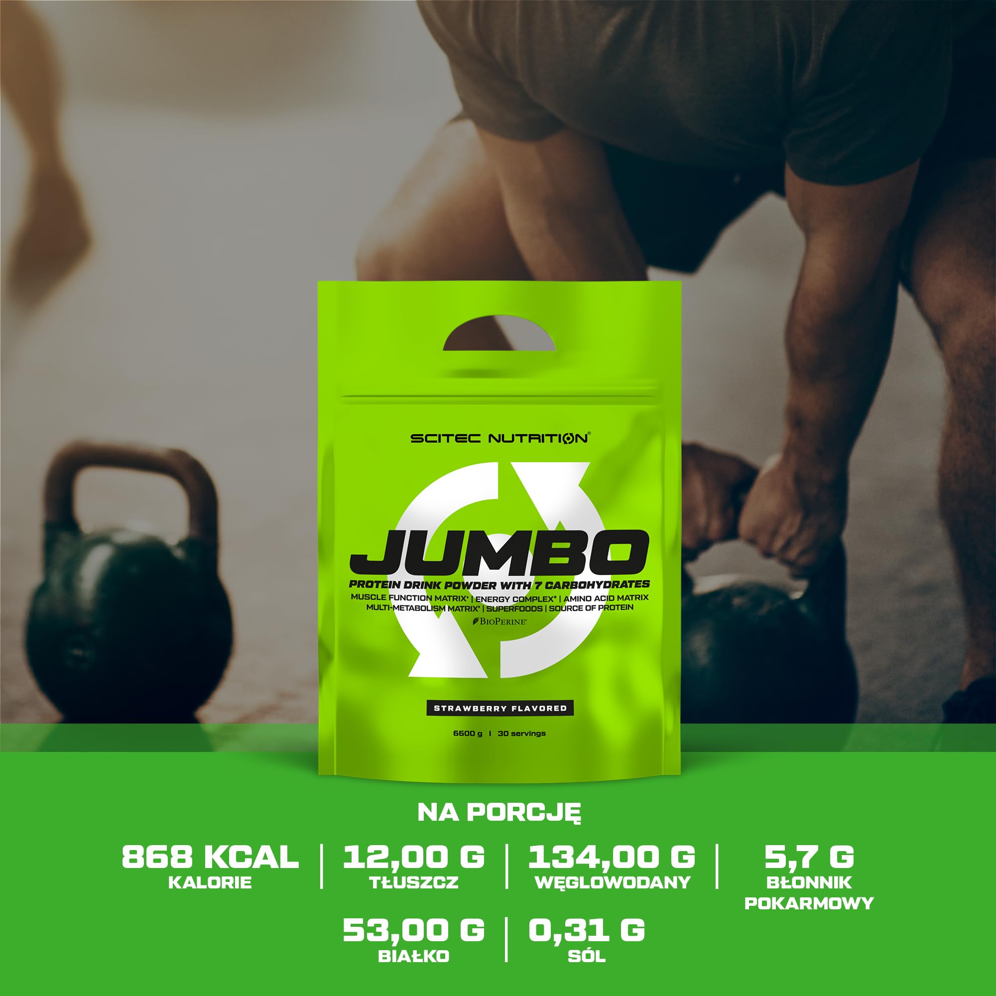 Scitec Nutrition Jumbo - wysokokaloryczny gainer na masę - z wieloskładnikowym białkiem - matrycą aminokwasów - matrycą metaboliczną - mieszanką superżywności, 6,6 kg, Truskawkowy