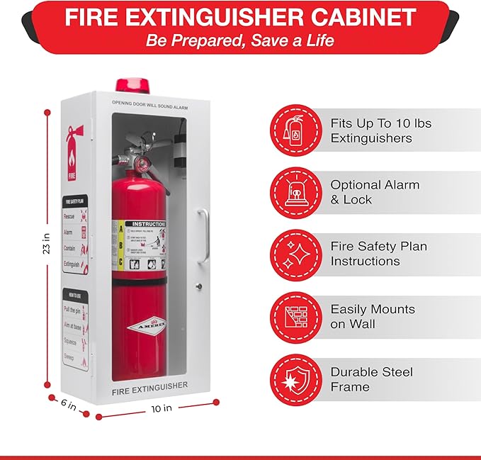 10 lb Fire Extinguisher Cabinet Box – Wall Mount Metal Case with Alarm, Lock, and Acrylic Break-Glass Window – Fits 5 lb and 10 lb Extinguishers (Single White Cabinet)