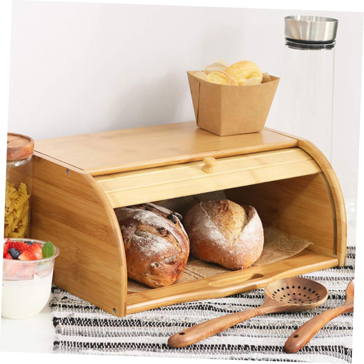 OUNONA Bamboo Sliding Lid Bread Box Multi-Function Bread Storage Holder Lid for Kitchen Counter for Freshness and Cakes
