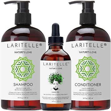 Laritelle Organic Hair Growth Set Natures Love | Shampoo 17.5 oz + Conditioner 16 oz + Hair Growth Oil 4 oz | Quinoa, Macadamia, Ginger, Rosemary | Sulfate-Free, Vegan