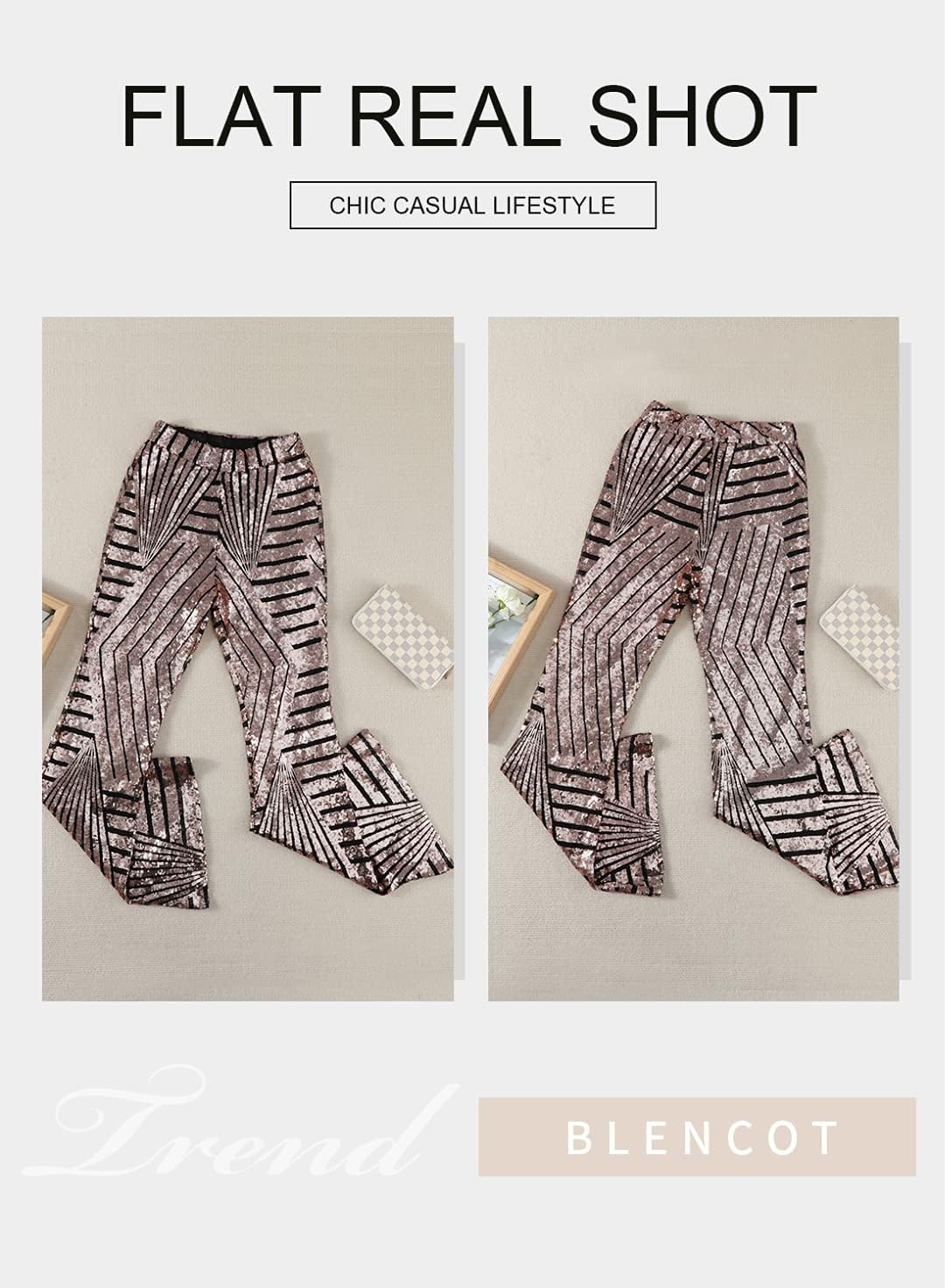 BLENCOT Bell Bottoms for Women High Waisted Wide Leg Palazzo Pants Bling Sequin Flared Trousers Brown S - Image 4