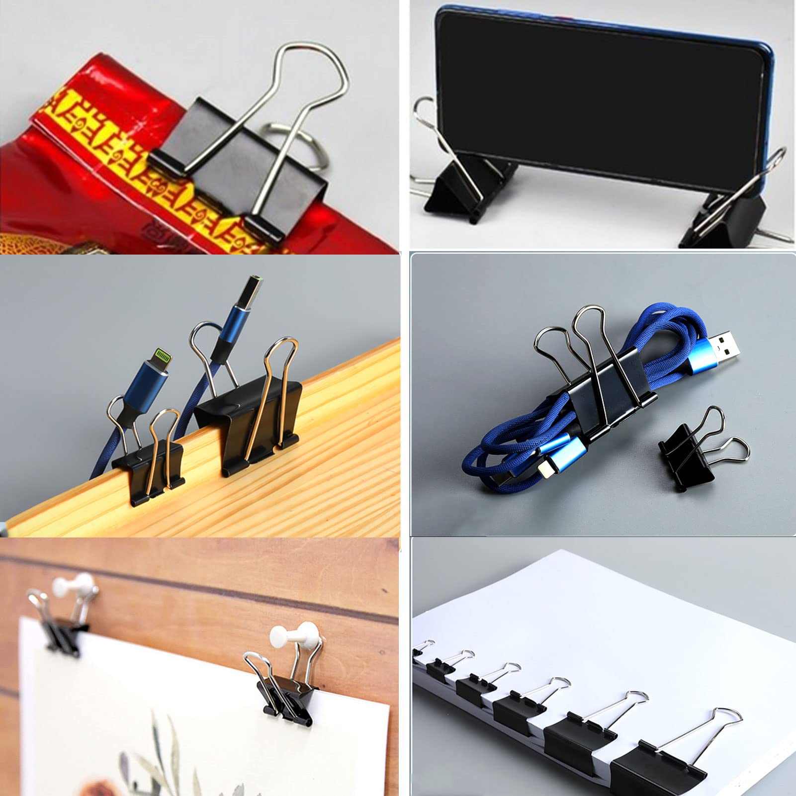 Clips para carpetas, paquete de 300 unidades, varios tamaños (negro), jumbo, grande, mediano, pequeño, mini y micro, 6 tamaños para oficina, escuela y hogar