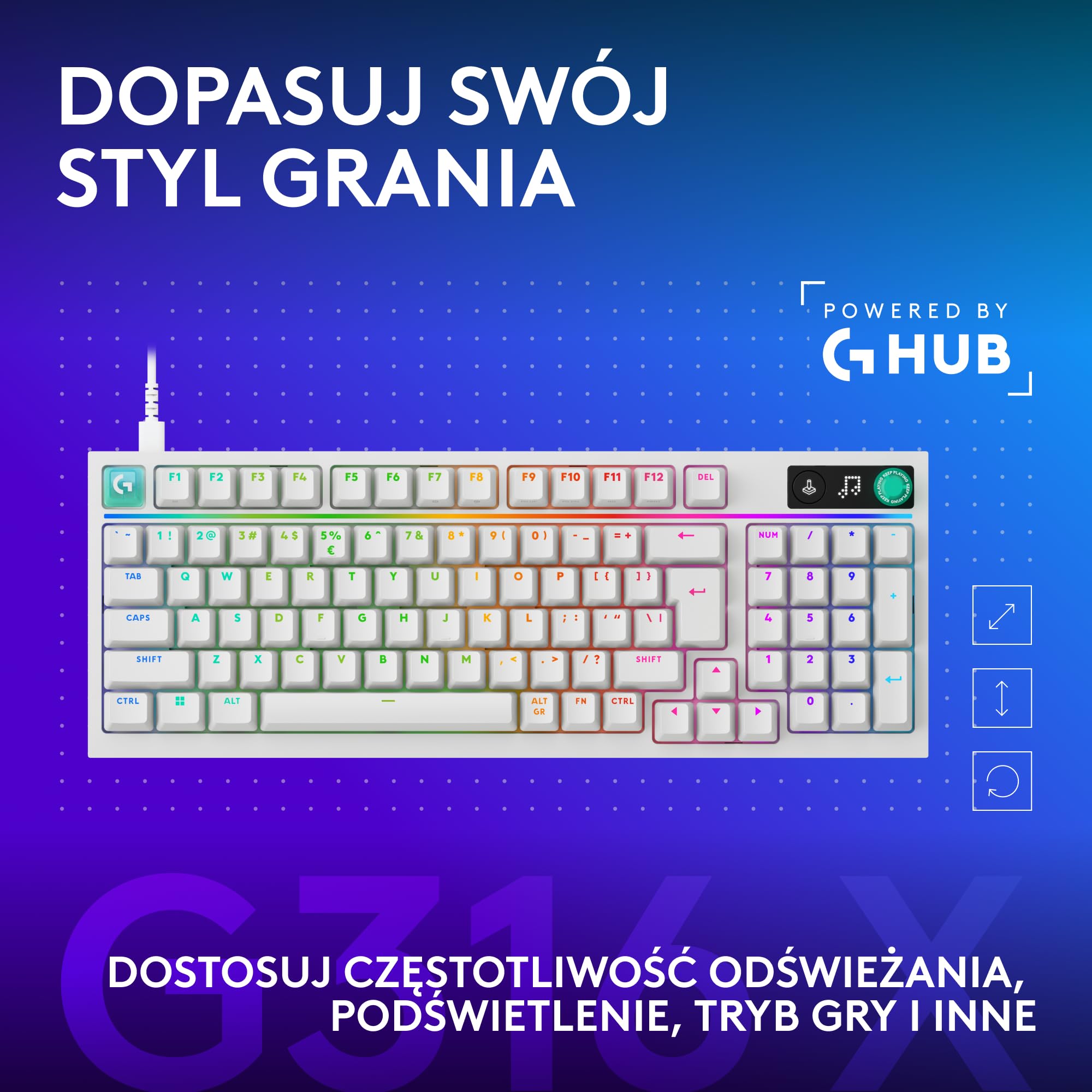 Logitech G G316 X 98, klawiatura do gier,8 kHz,wymienne sprężynujące przełączniki,konstrukcja uszczelkowa, US INT'L QWERTY+G305 X SUPERLIGHT bezprzewodowa mysz gamingowa,lekka 61 g ładowalna, PC-Biały