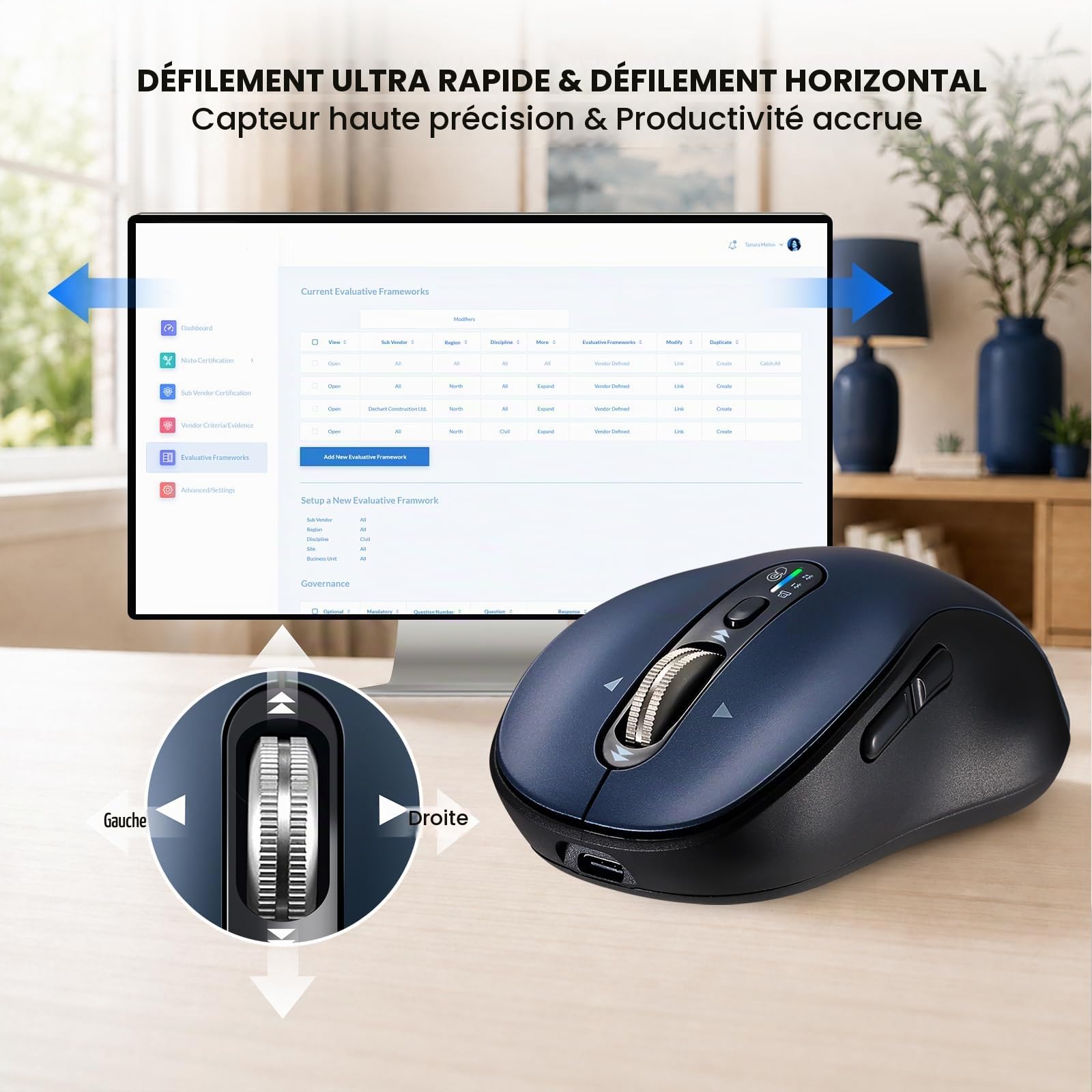 Souris Bluetooth sans fil, souris d'ordinateur ergonomique multi-appareils, super défilement en métal, ± 3200 DPI, 10 boutons, Plug & Play, silencieuse, rechargeable, souris sans fil USB pour