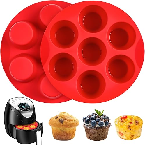 Paquete de 2 moldes de silicona para mordeduras de huevo para freidora de aire, moldes redondos de 7 tazas para magdalenas para horno, freidora de