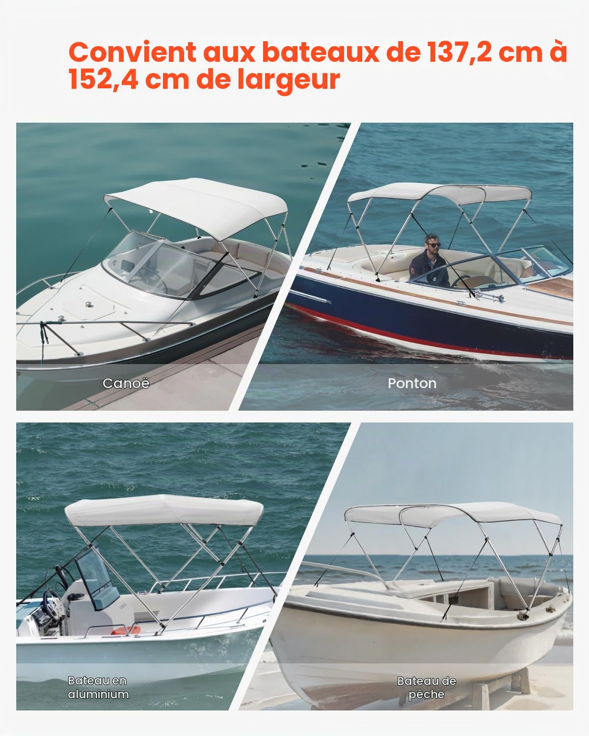 VEVOR Bimini pour Bateau à 3 arceaux, 182 x 117 x 137-152 cm, taud de Soleil avec Cadre en Alliage d'aluminium, Toile en Polyester 600D, Sac de Rangement, 2 poteaux de Support, 4 Sangles, Gris Clair