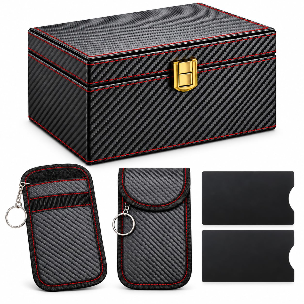 T MATYAL Faraday Box for Car Keys, 5-Piece RFID Signal Blocking Box Set with 2 Key Pouches & 2 Card Sleeves, Carbon Fiber Anti-Theft Security Kit