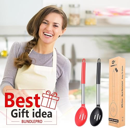 Miniatura 5 de Paquete de 2 cucharas grandes de silicona ranuradas para cocina con cucharón antiadherente de alta resistencia al calor, sin BPA, para escurrir y