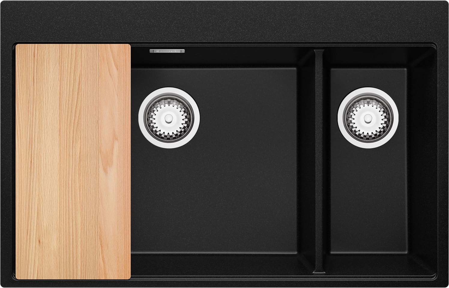 PRIMAGRAN Evier Cuisine en Granit Noir 78x50cm, Lavabo 2 bacs + Kit de Vidage + Planche à Découper, Évier à Encastrer au Meuble 80cm - Oslo S073