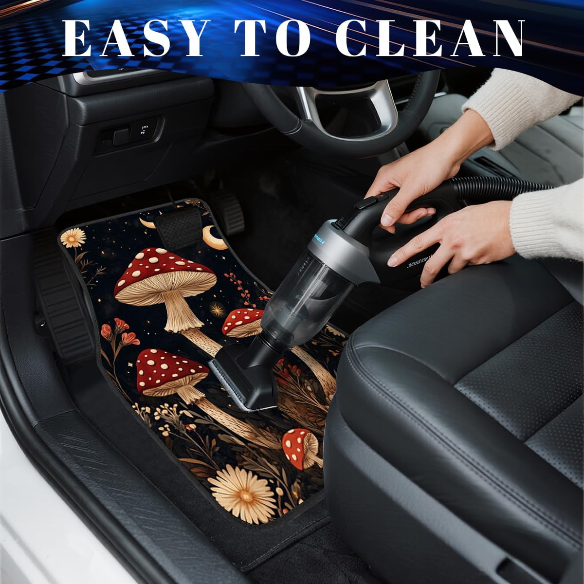 Mushroom Car Floor Mats Set of 4 Red Moon Star Night Wildflower Magic Automotive Foot Mats Rugs Carpet for Car Non-Slip Auto Car Accessories Universal Fit for Car SUV Truck Van
