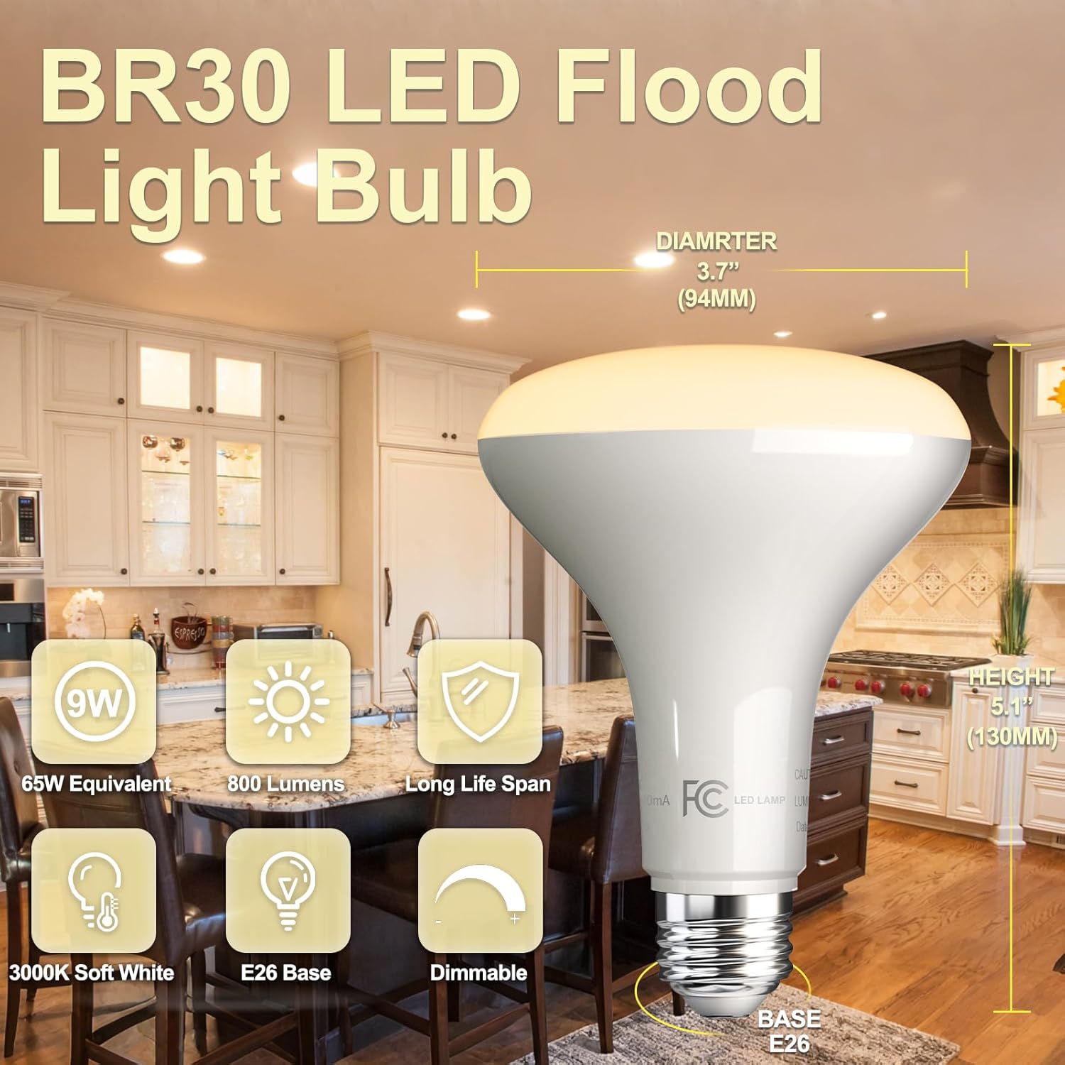 VOLIVO LED Flood Light Bulb 12 Pack, Recessed Ceiling Bulb, BR30, 65W Equivalent Efficient 9W, Dimmable, E26 Base, Warm White 3000K, 800 Lumens, 80CRI, Ceiling Light for Kitchen, Living Room