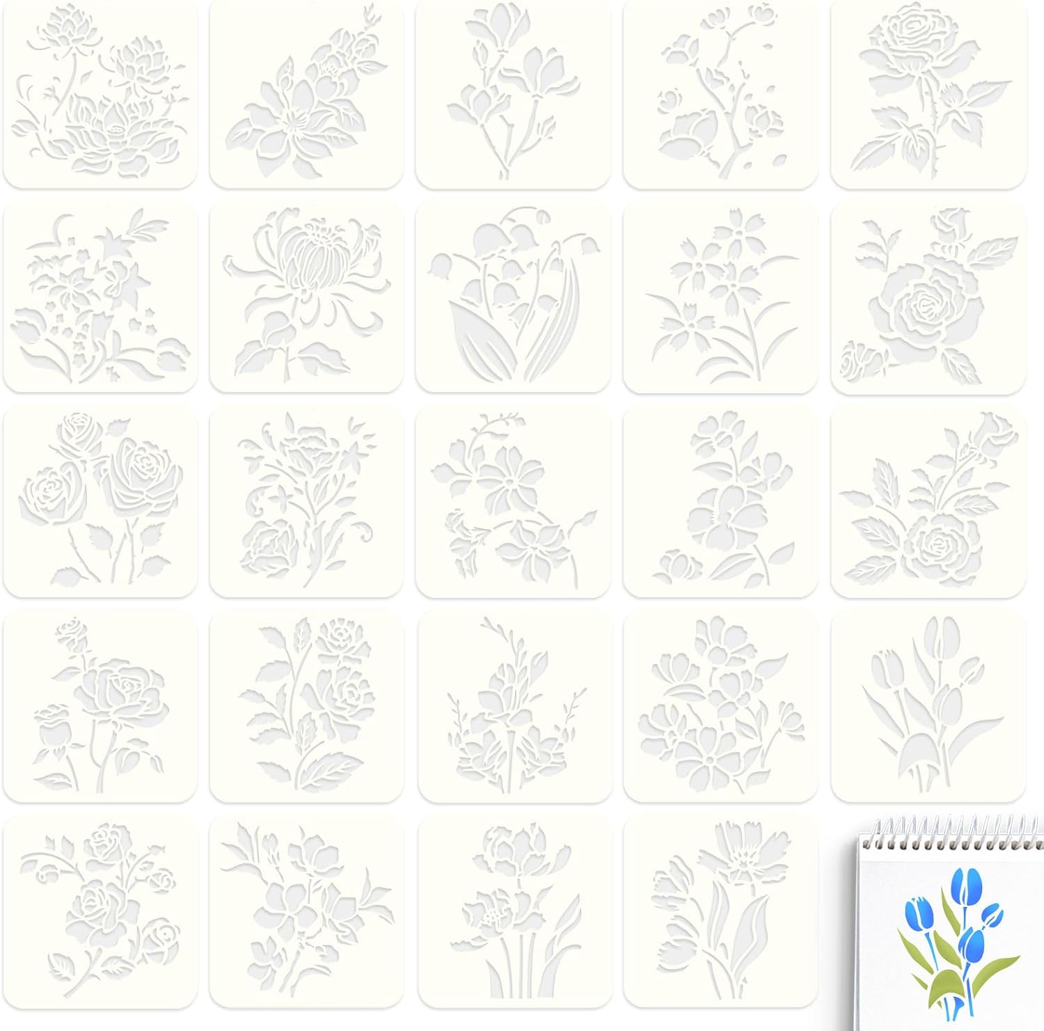 Flower Stencils for Painting Lotus Tulip Bellflower Rose Reusable Artificial Flower Stencils for Crafts Drawing Spray Paint on Wall Wood Paper Canvas 13x13cm 24pcs