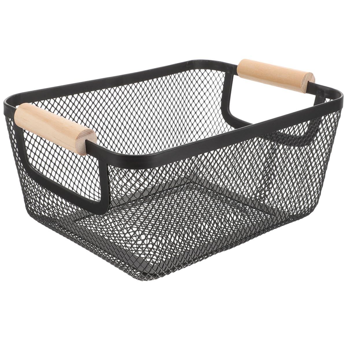 BESPORTBLE Cestino Portaoggetti in Ferro Nero Design Scandinavo Elegante Manico in Legno Capacità Grande Rettangolare per Organizzazione Bagno