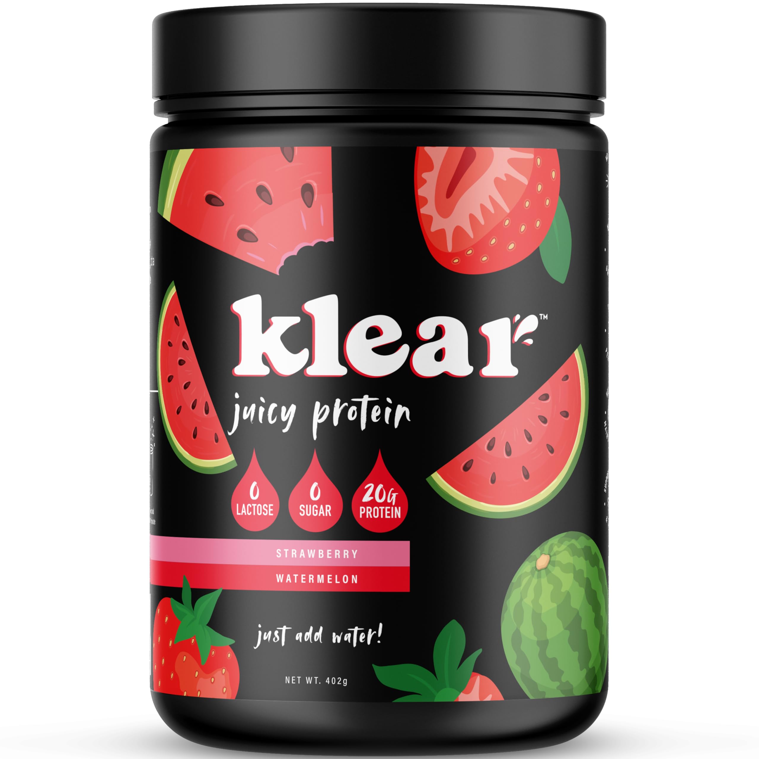 Klear - Clear Protein Powder | Strawberry Watermelon Flavor | Lactose-Free Protein Powder | 20g Protein Whey Isolate | 0 Sugar | 16 Servings | Keto-Friendly | Juicy & Refreshing for Muscle Recovery