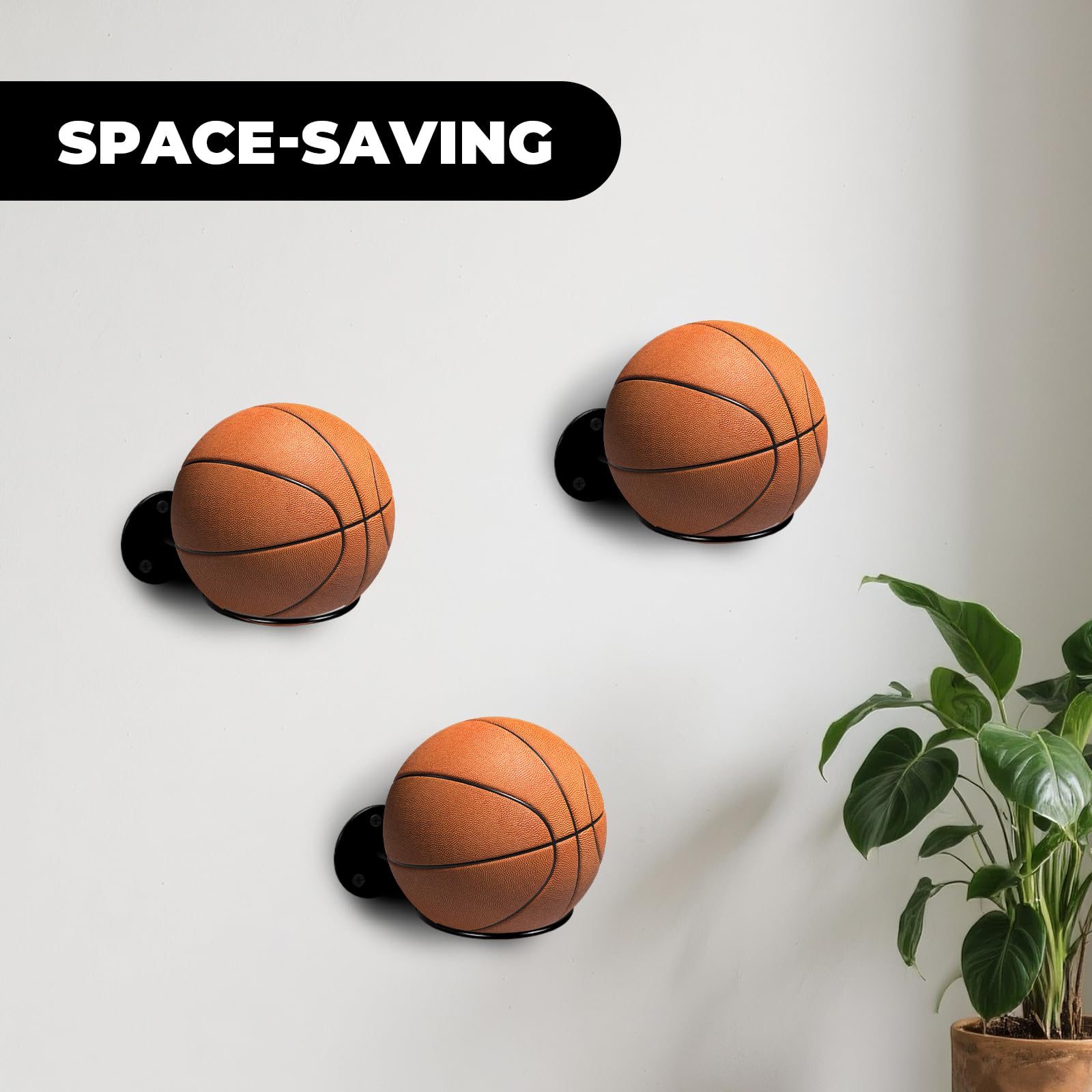 4 Pièces Supports Mural pour Ballons, Porte Ballon Basket, Trois Vis pour Renforcerpour, Rangement pour Basket Ball, Football, Volley Ball, Noir