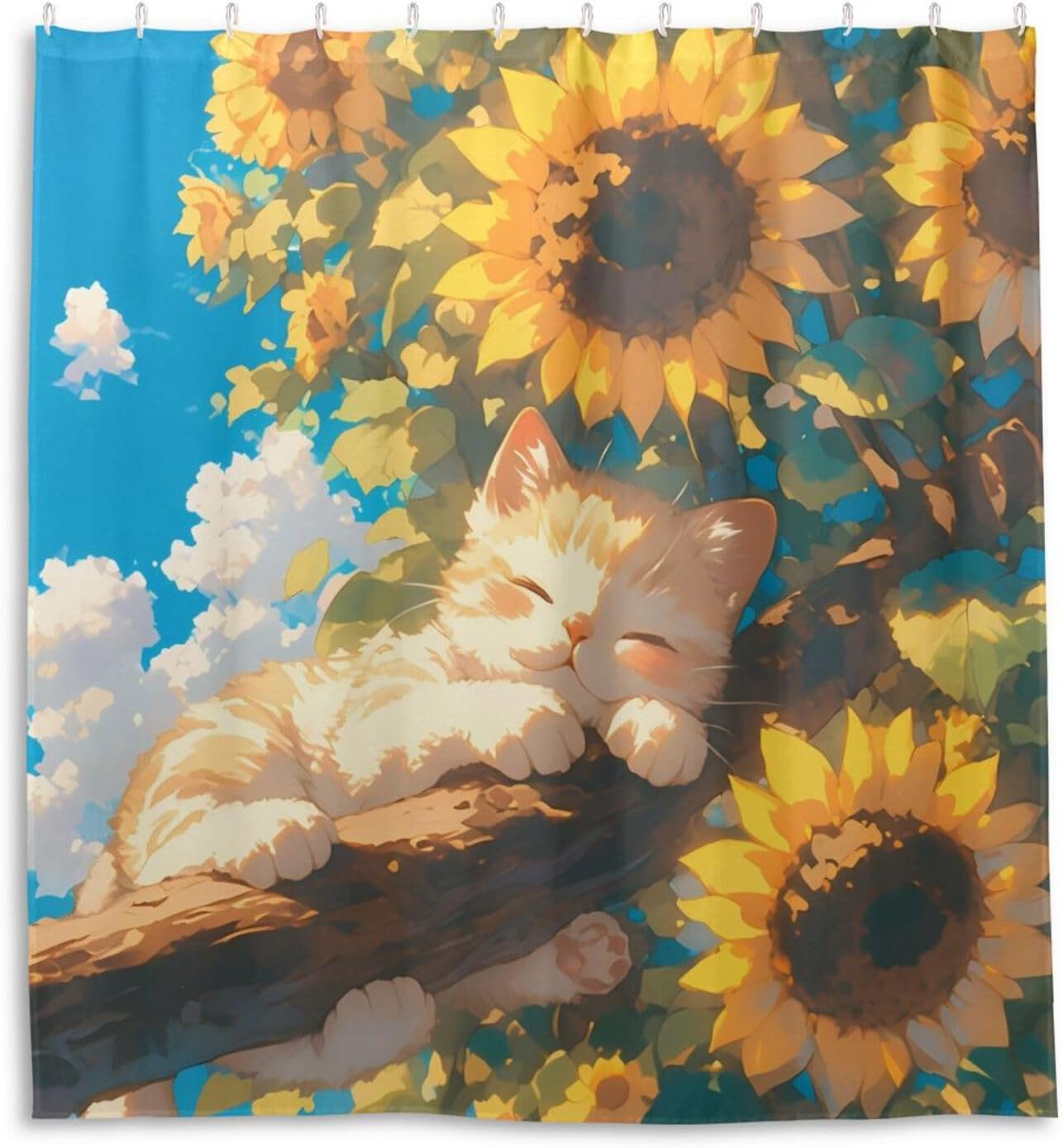 66x72 Inch Water Repellent Curtains for The Bathroom with Hook Cute Sunflowers Yellow Cat Polyester Washable Chic Curtain Liners for Bath Shower