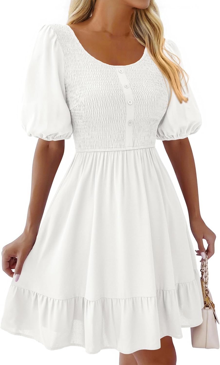 BTFBM Spring Empire Waist Dress for Women 2025 Summer Smocked Crewneck Puff Short Sleeve Beach Vacation Mini Dresses