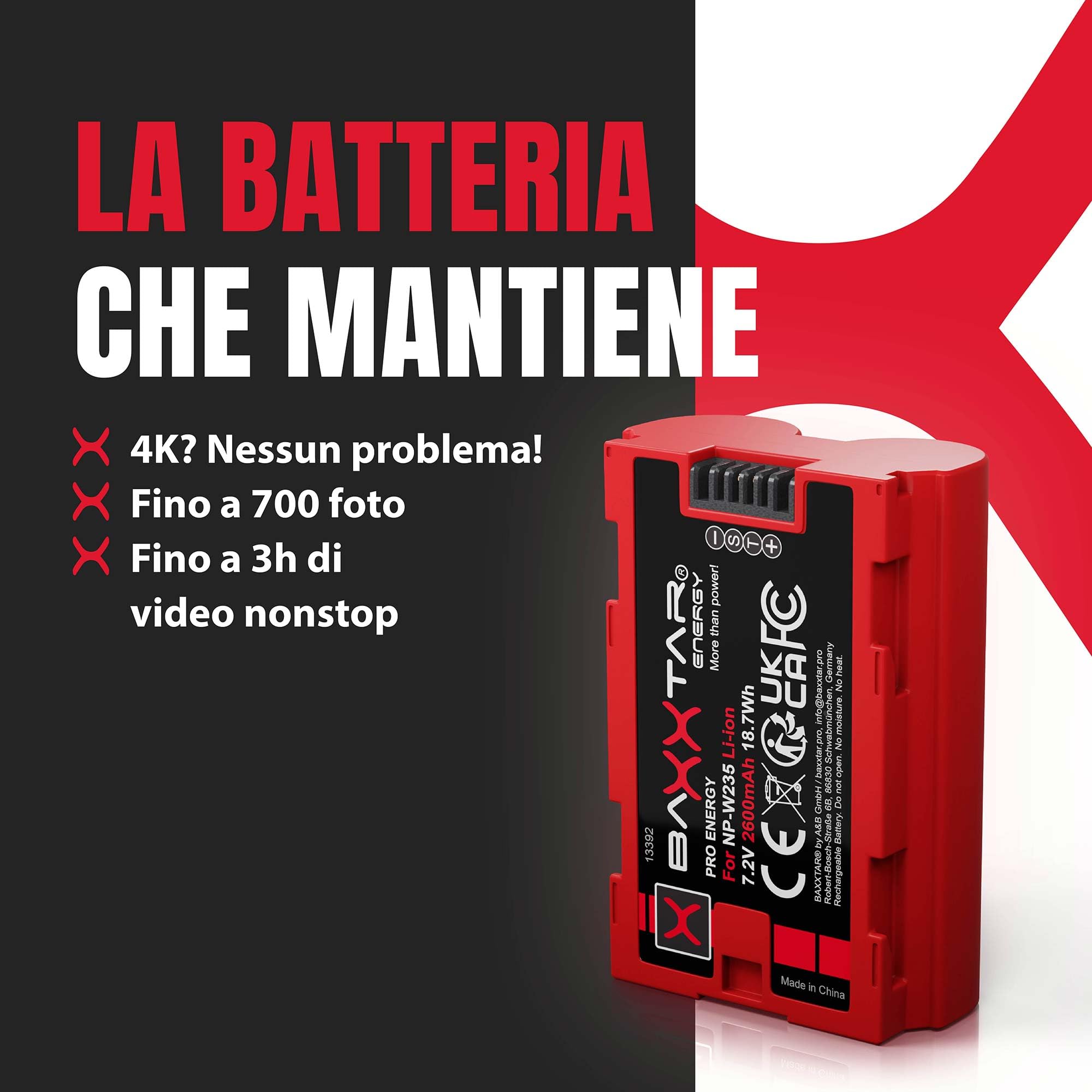 Baxxtar Pro 2X Batteria per Fujifilm NP-W235 W235 GFX50s II 2600mAh 7.2V | Batteria di ricambio per X-T4 X-T5, X-H2 XH2S, X-S20, GFX 50S II, 100S, GFX-100II, 100% identica all'originale