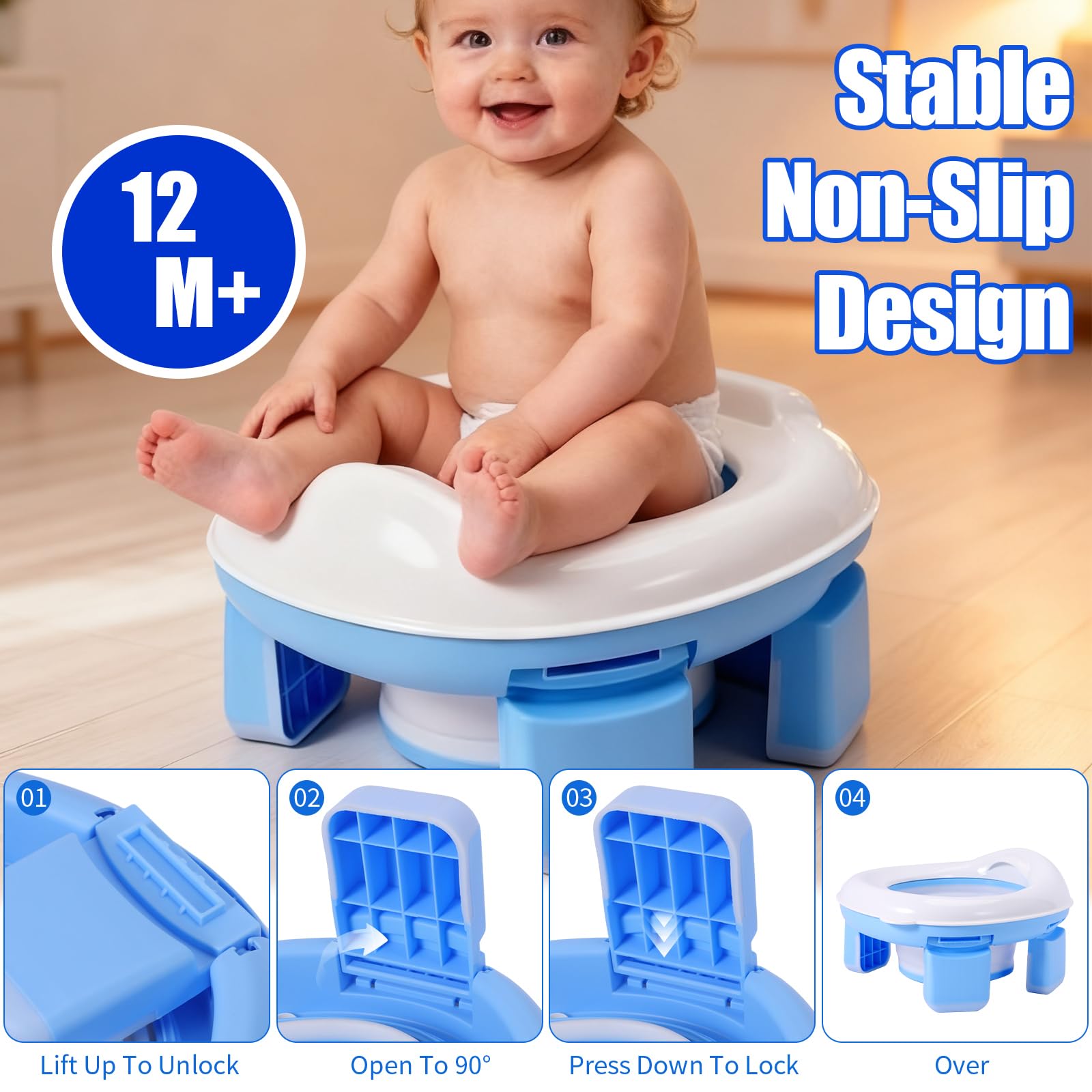3-in-1 Töpfchen Kinder, Faltbarer Toilettensitz und Tragbares Reisetöpfchen mit Anti-Rutsch-Design, Einwegbeuteln und Reisetasche, Potty Training Toilette für Unterwegs, Auto, Reisen und Camping