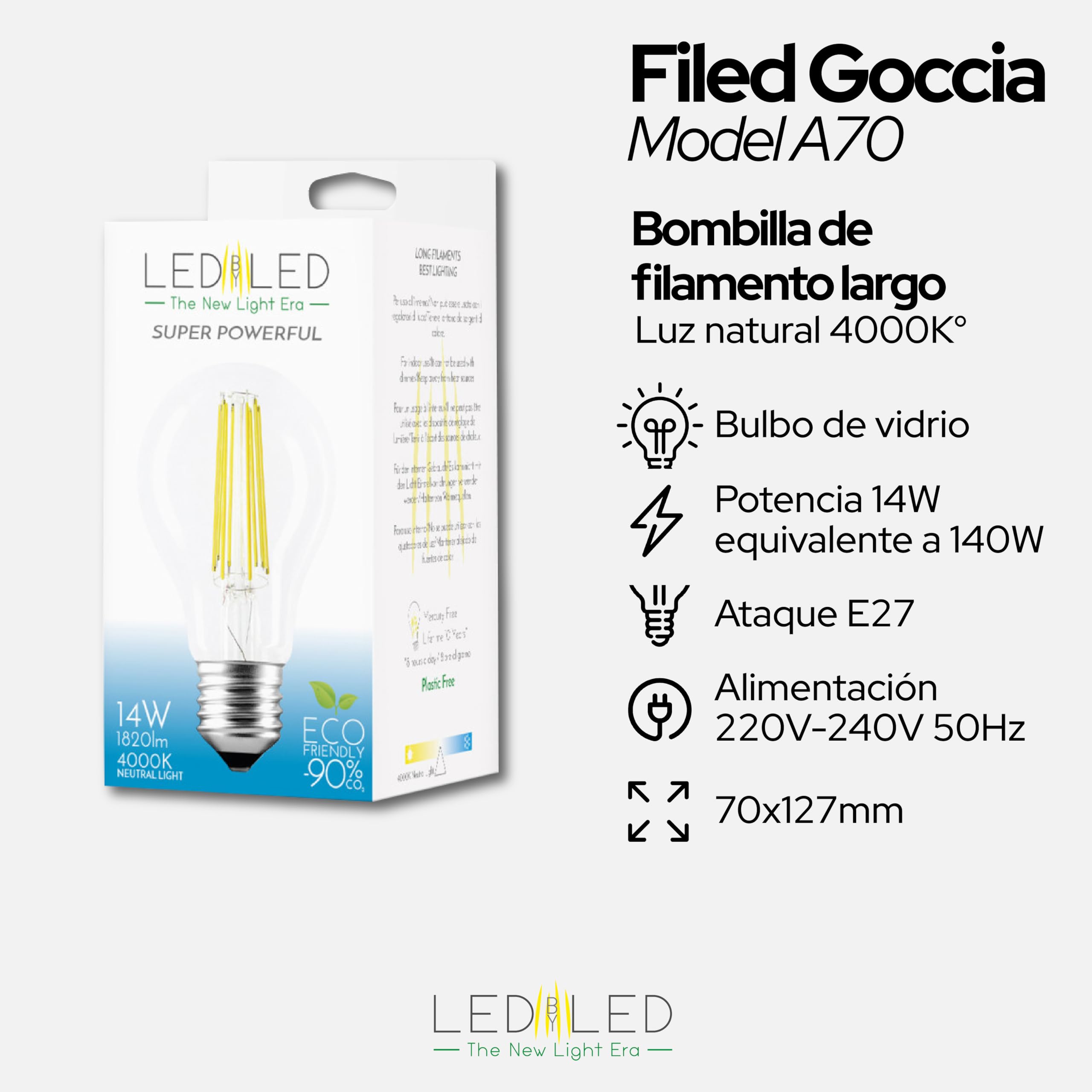 Bombilla Gota 14W Equivalente a 140W, E27, Cristal Transparente, 4000K Luz Natural, filamento LED recto, 1820 Lúmenes, Paquete de 10 unidades
