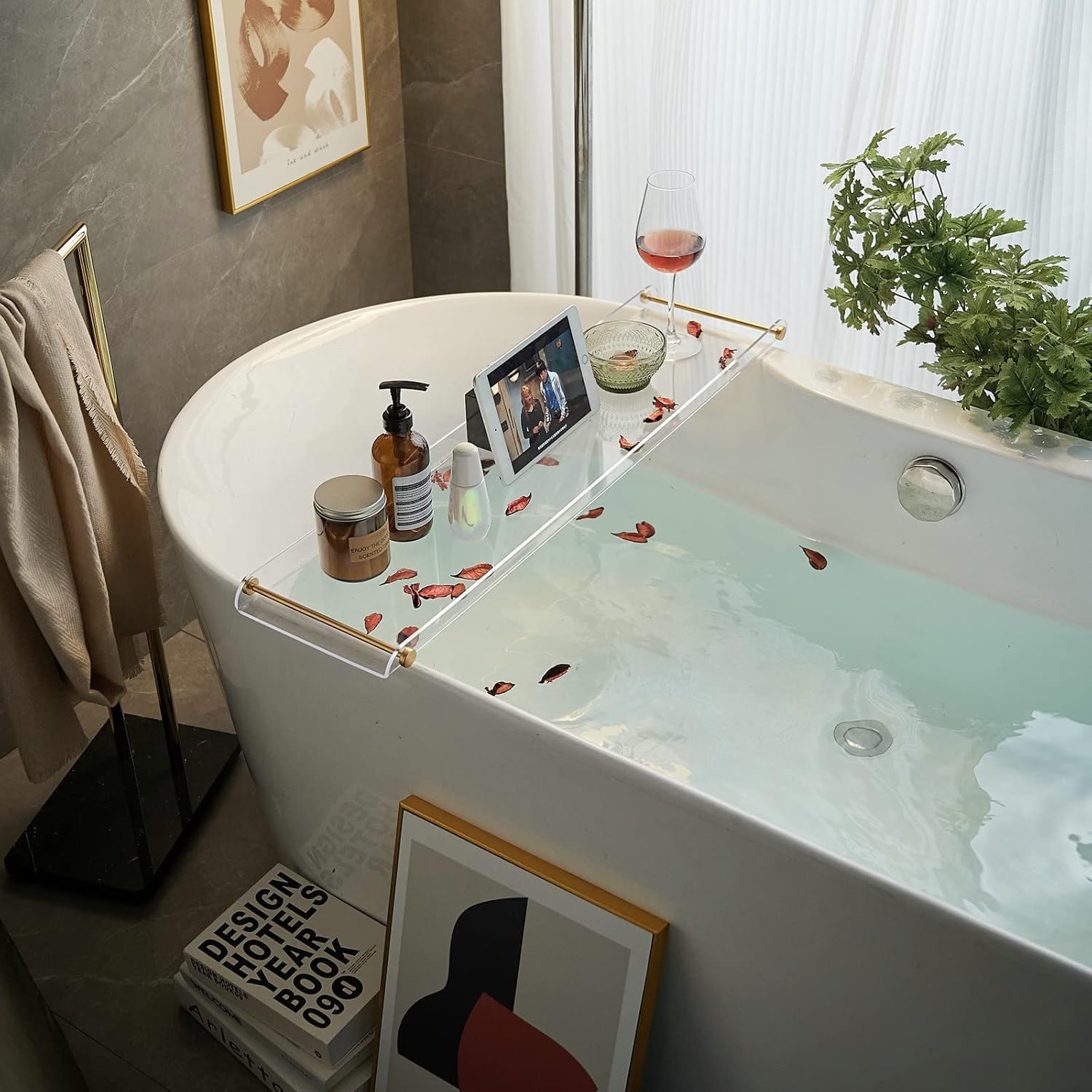 Bathtub Tray Clear Caddy Rack Acrylic Tub Tray Shelf with Gold Rails to Hold Book Phone Candle Wine