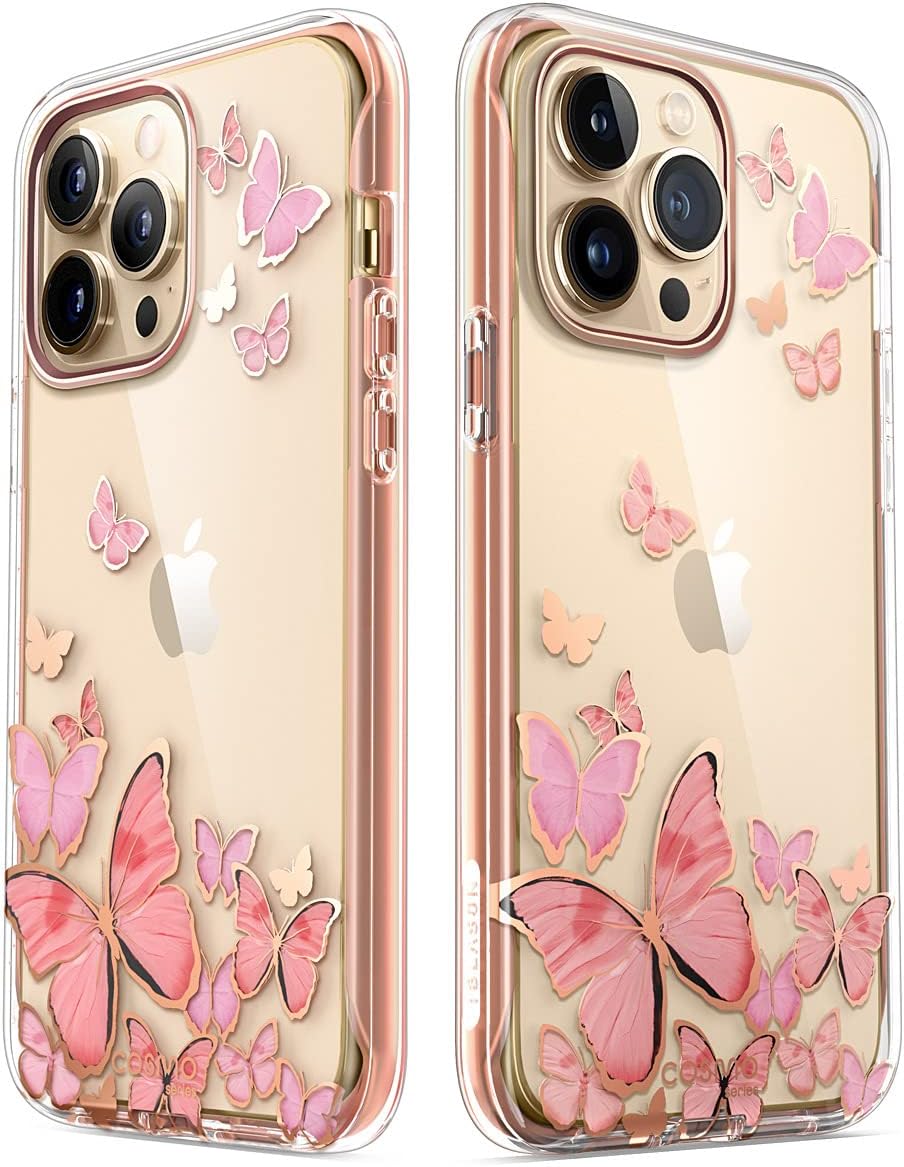i-Blason iPhone 13 Pro Max Case (2021) 6.7 Inch Case with Built-in Screen Protector [Cosmo Series] Design Pattern Full Body Protective Glitter Cover 360 (Pink Butterfly)