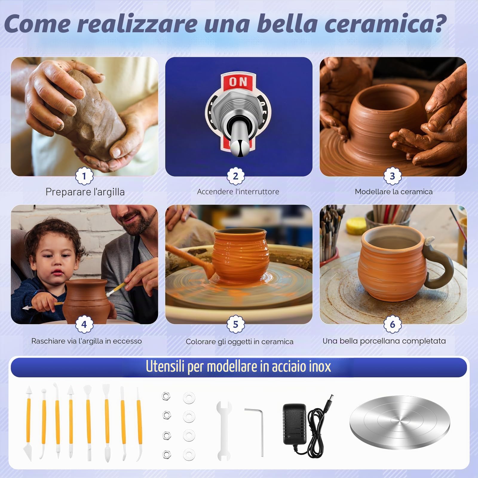 Tornio per Ceramica, Tornio per Argilla 2000 RPM velocità Regolabile Ruota di Ceramica Elettrica con Bacinella Staccabile e Strumenti di Argilla Fai-da-Te, Tornio Ceramica per Bambini e Adulti