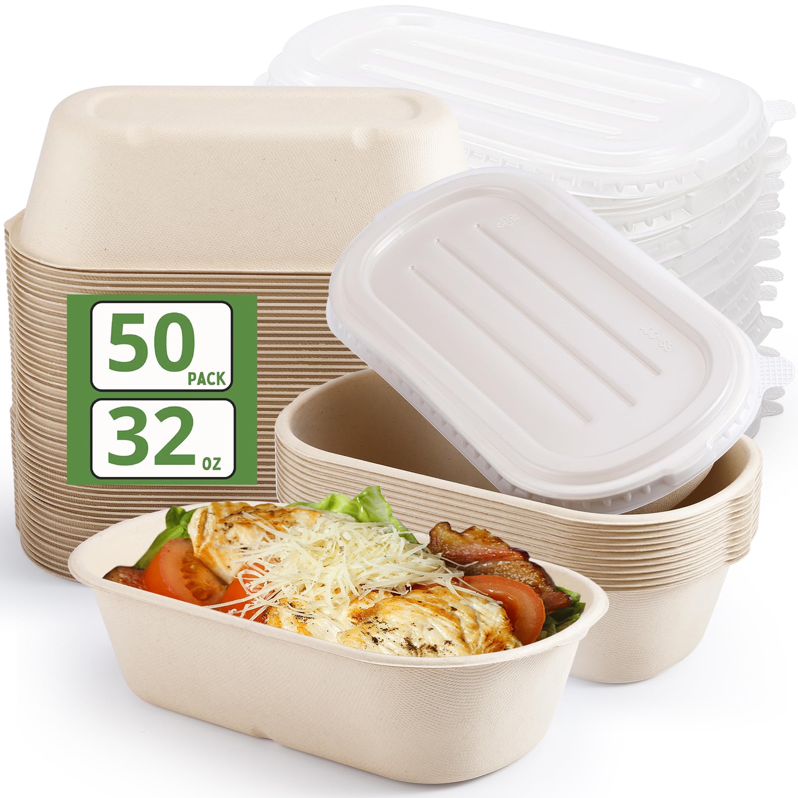 50 Stück Kraftpapier Schale mit Deckel, 1000ml/32oz Pappschüsseln, Take Away Kraftpapier Box, Wiederverwendbare Salatschalen to go für Essen zum Mitnehmen Arbeitsessen Reisen