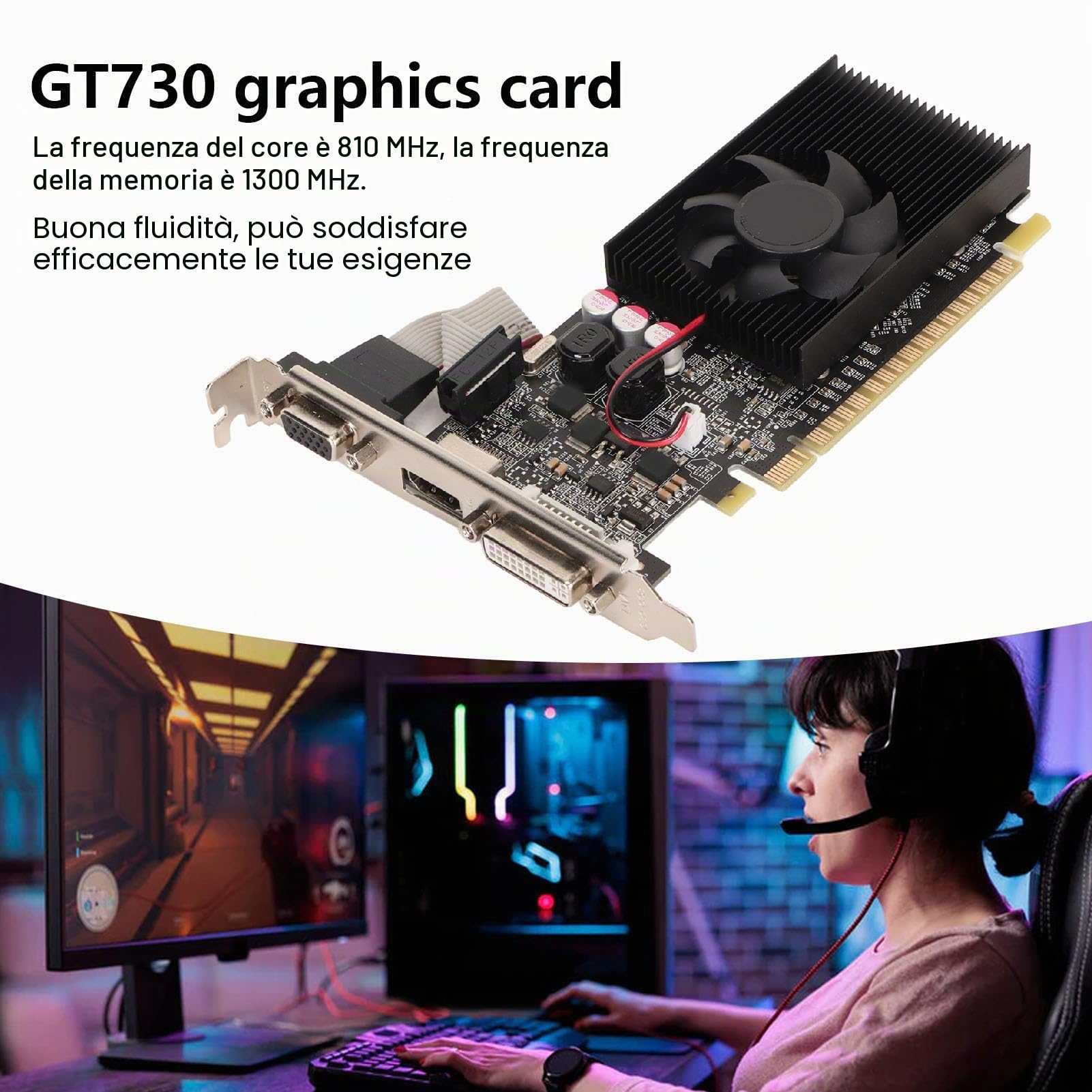 Scheda Grafica per Computer, GT730 Supporto per Scheda Grafica GDDR3 da 2 GB a 64 Bit Interfaccia HDMI VGA DVI Slot per Scheda Grafica PCI Express 2.0 con Ventola di