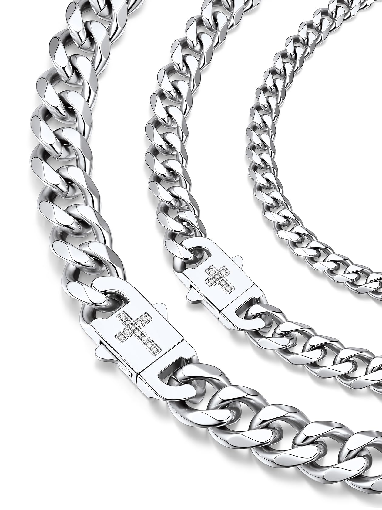 ChainsHouse Collar Colgante Cruz Hombre Cadenas Cubanas Acero Inoxidable Cierre Clip con Crucifijo Impermeable, 46cm -61cm Largo 6mm Ancho, Joyero Incluido