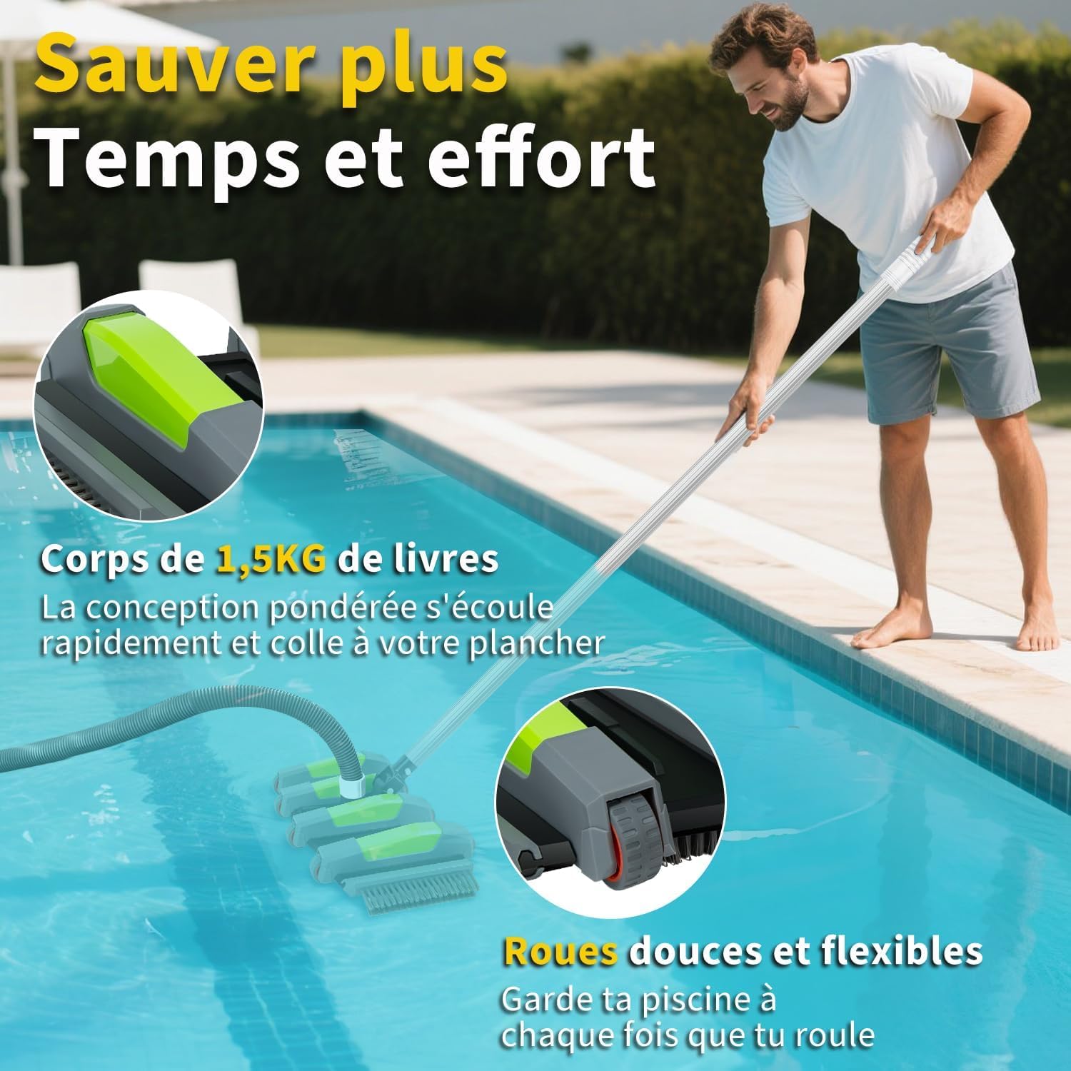 Balai Aspirateur Piscine 45 cm avec Roues, Brosse Aspirateur Piscine avec Raccord d’Aspiration, Brosse de Fond Piscine Flexible avec Brosse Latérale, Compatible Tuyaux 3.2cm et 3.8cm