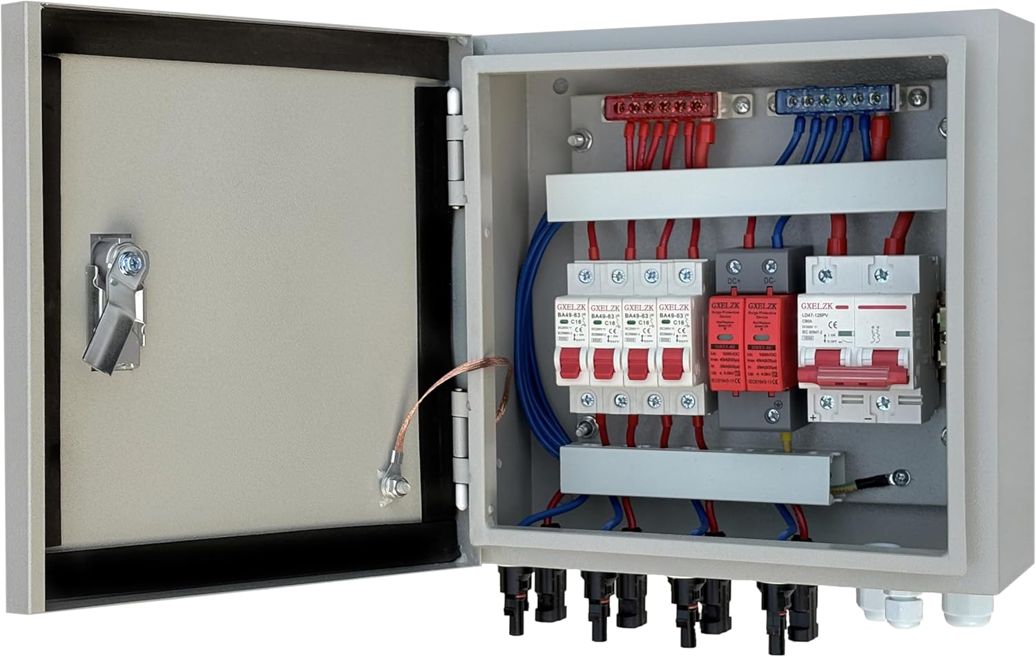 Hardcover Solar Combiner Box with 4 Strings, 80 A Circuit Breakers. This pv Combiner Box is Suitable for Off-Grid Solar Power High-Power Version