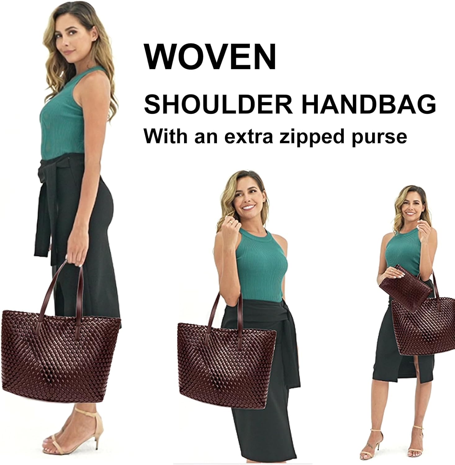 Large Capacity Shoulder Handbag Woven Leather Tote Bag with Matching Pouch Travel Lightweight - Image 6