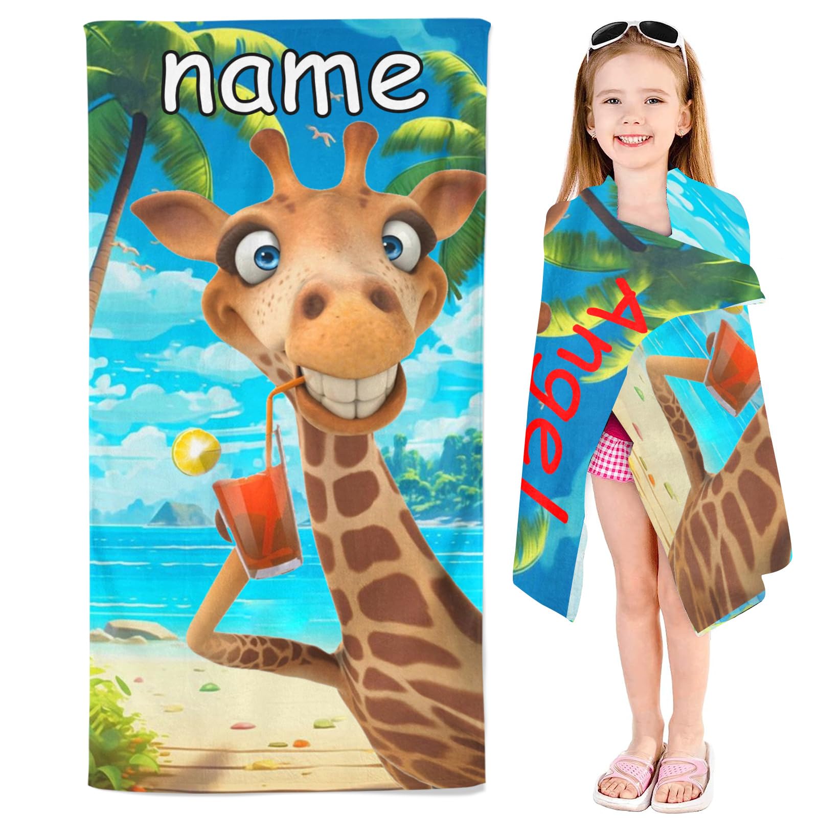 SMchwbc Personalised Giraffe Beach Towel with Name, Personalised Giraffe Bath Towel with Name, Microfibre Beach Towel, Large, 100 x 200 cm, Bath Towel Giraffe for Beach (1.70 x 140 cm)