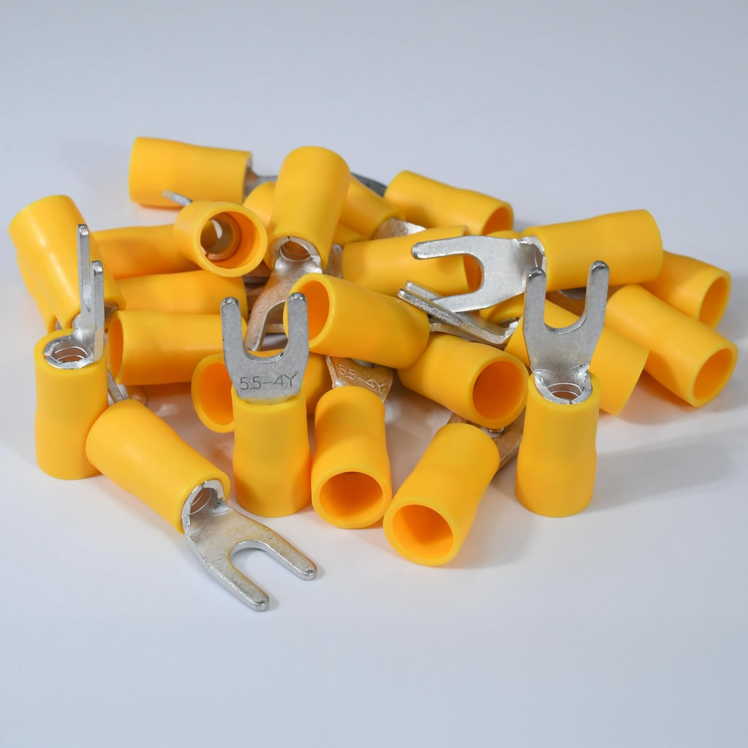 PAPUGA 25PCS 12-10 AWG (4-6 mm2) #8 / M4 Insulated Fork Spade Crimp Connector, 600V 48A, UL cUL Power Lug for Inverter Solar & Marine Wiring, Automotive & Marine