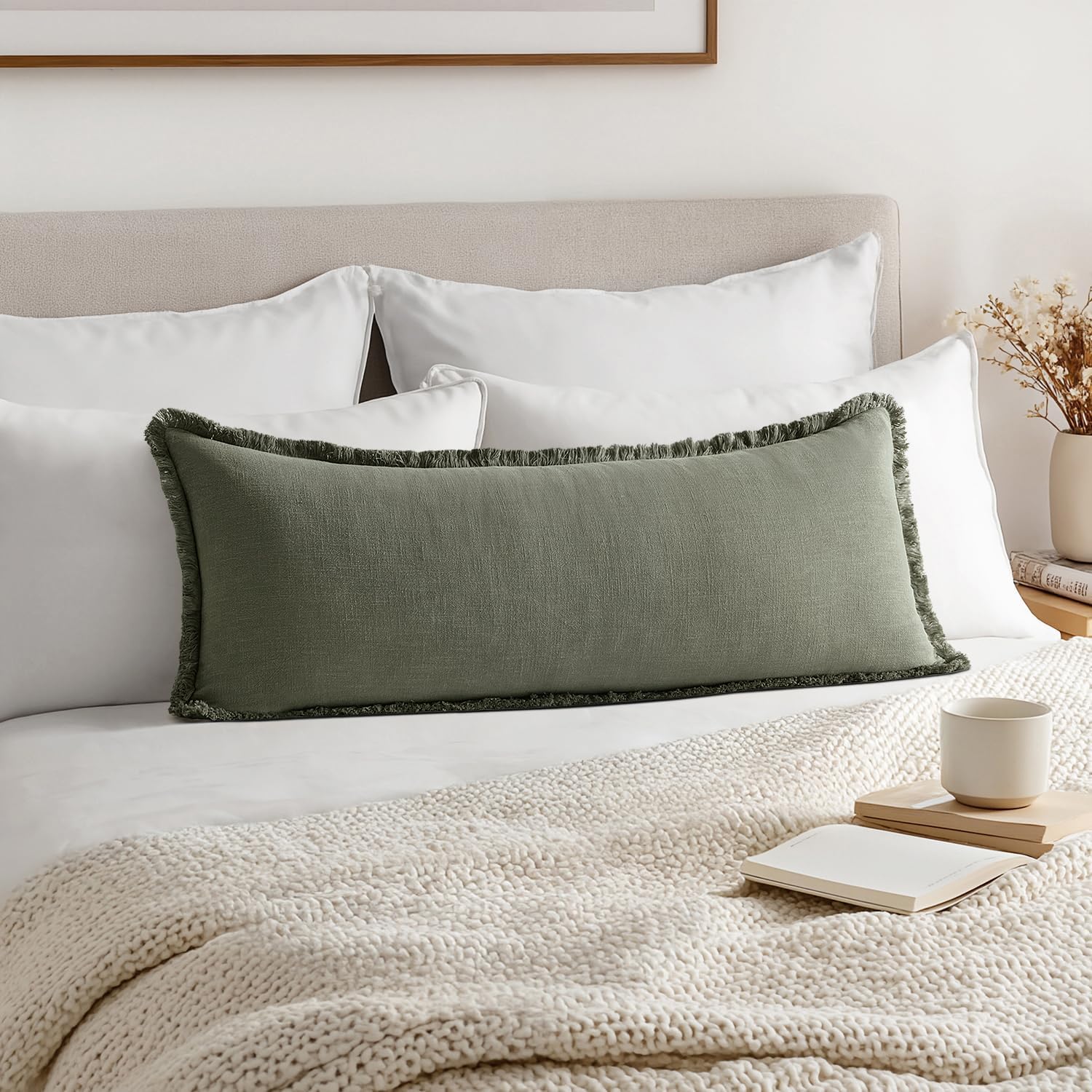 MIULEE Decorative Throw Pillow Covers Neutral Linen Fringe Throw Pillows Set of 1 Light Olive Green Boho Farmhouse Cushion Covers for Couch Sofa Bed Living Room Spring Home Decor 14x36 Inch